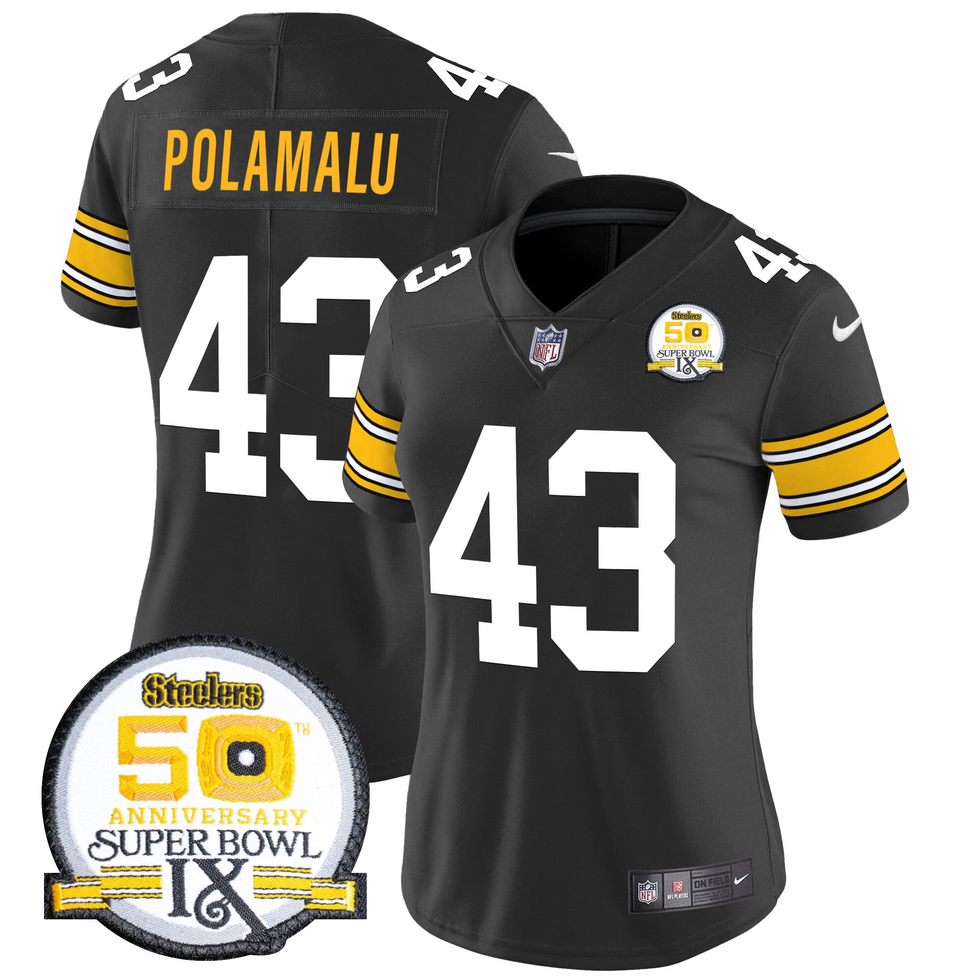 Troy Polamalu Women's Pittsburgh Steelers 50th Anniversary Of Super Bowl IX Patch Vapor Limited 1975 Throwback Jersey - All Stitched