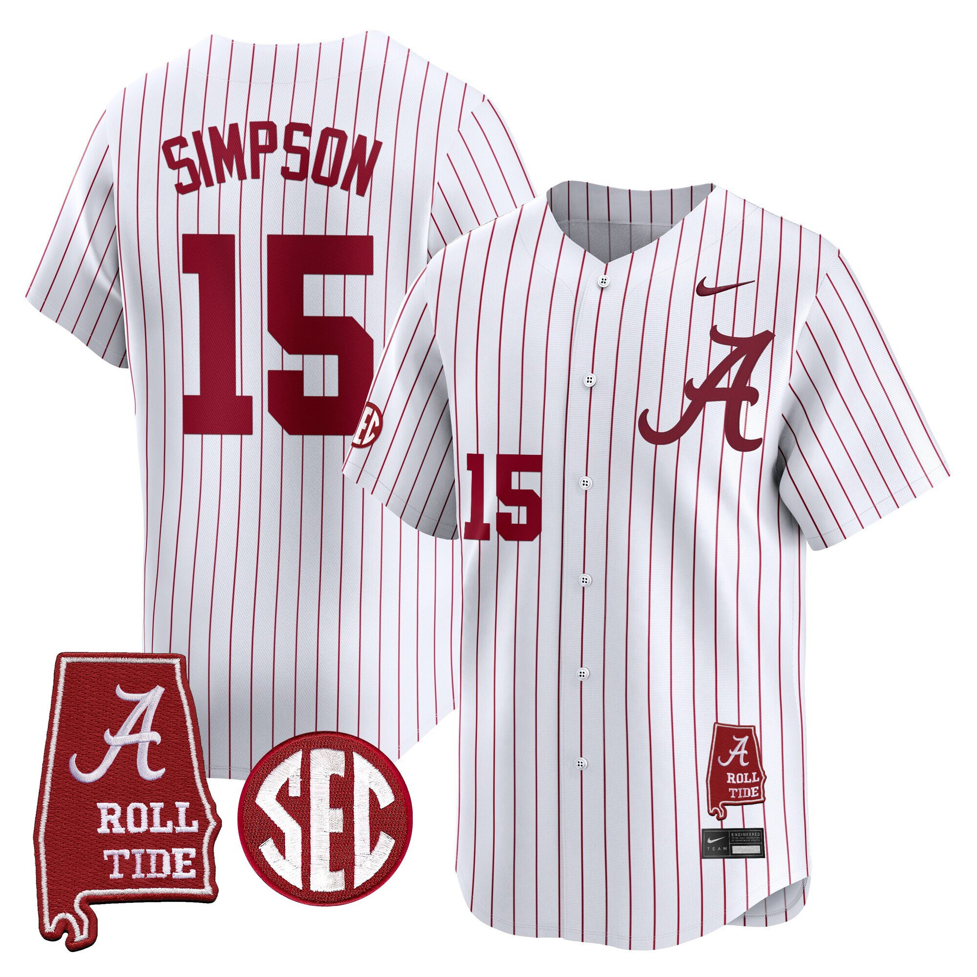 Ty Simpson Men's Alabama Crimson Tide 2025 Vapor Baseball Pinstripe Jersey - Alabama Map - All Stitched