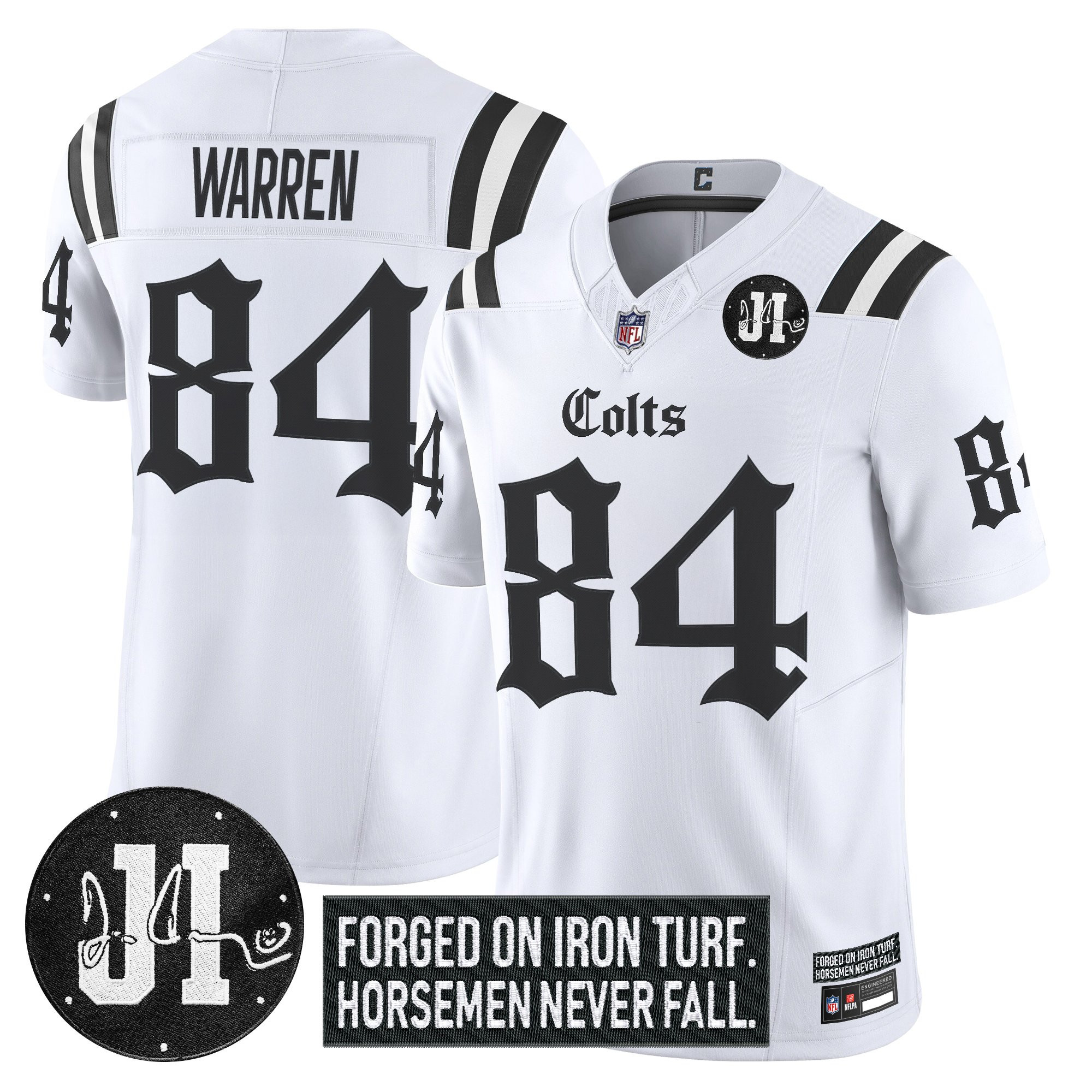 Tyler Warren Men's Indianapolis Colts 2025 Gothic Iron Hoof Edition Vapor Limited White Jersey - Jim Irsay Patch - All Stitched