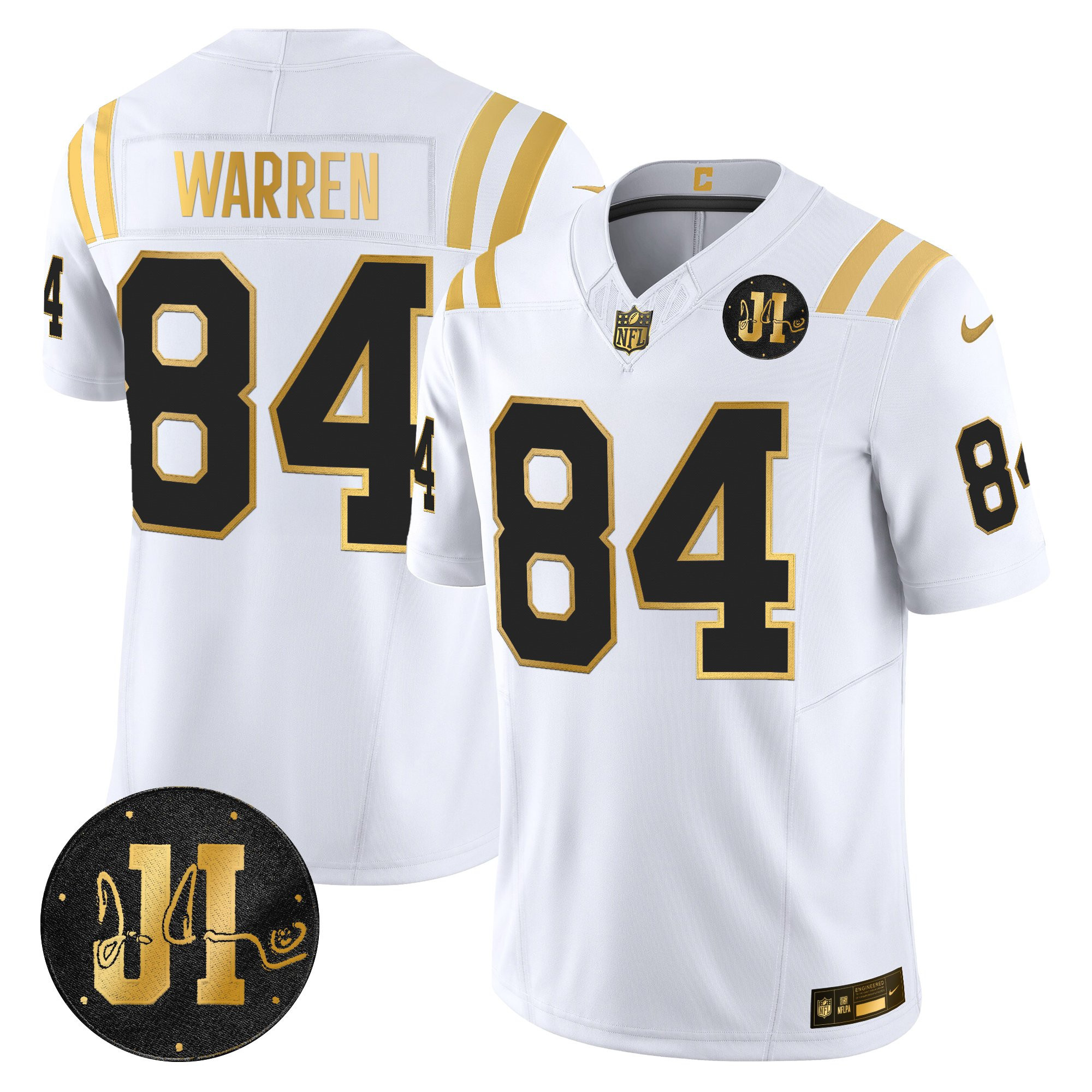 Tyler Warren Men's Indianapolis Colts 2025 Jim Irsay Patch Gold Vapor Limited White Gold Jersey - All Stitched