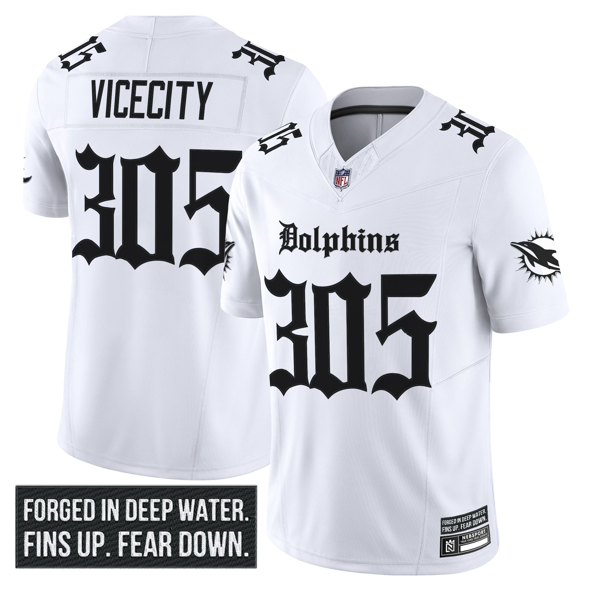 ViceCity 305 Men's Miami Dolphins Gothic Deep Water Edition Vapor Limited White Jersey - All Stitched