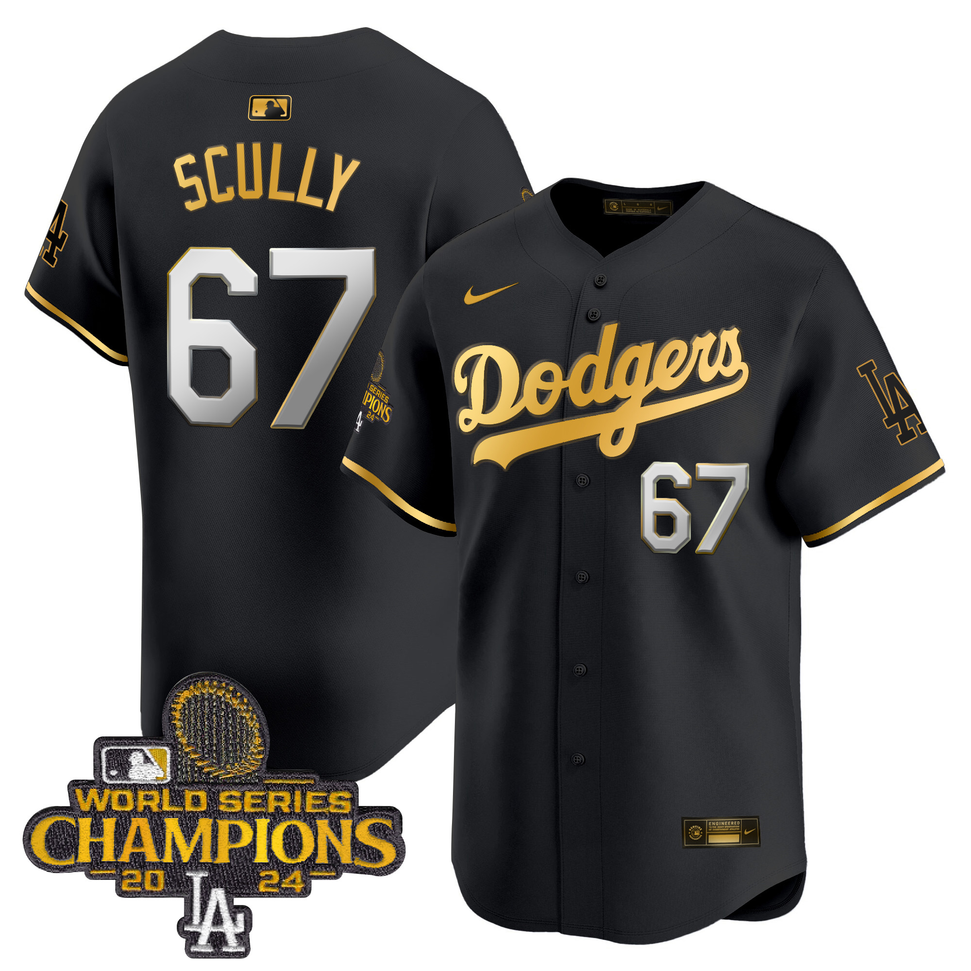 Vin Scully Men's Los Angeles Dodgers 2024 World Series Champions Gold Trim Vapor Premier Limited Black Gold Jersey - All Stitched