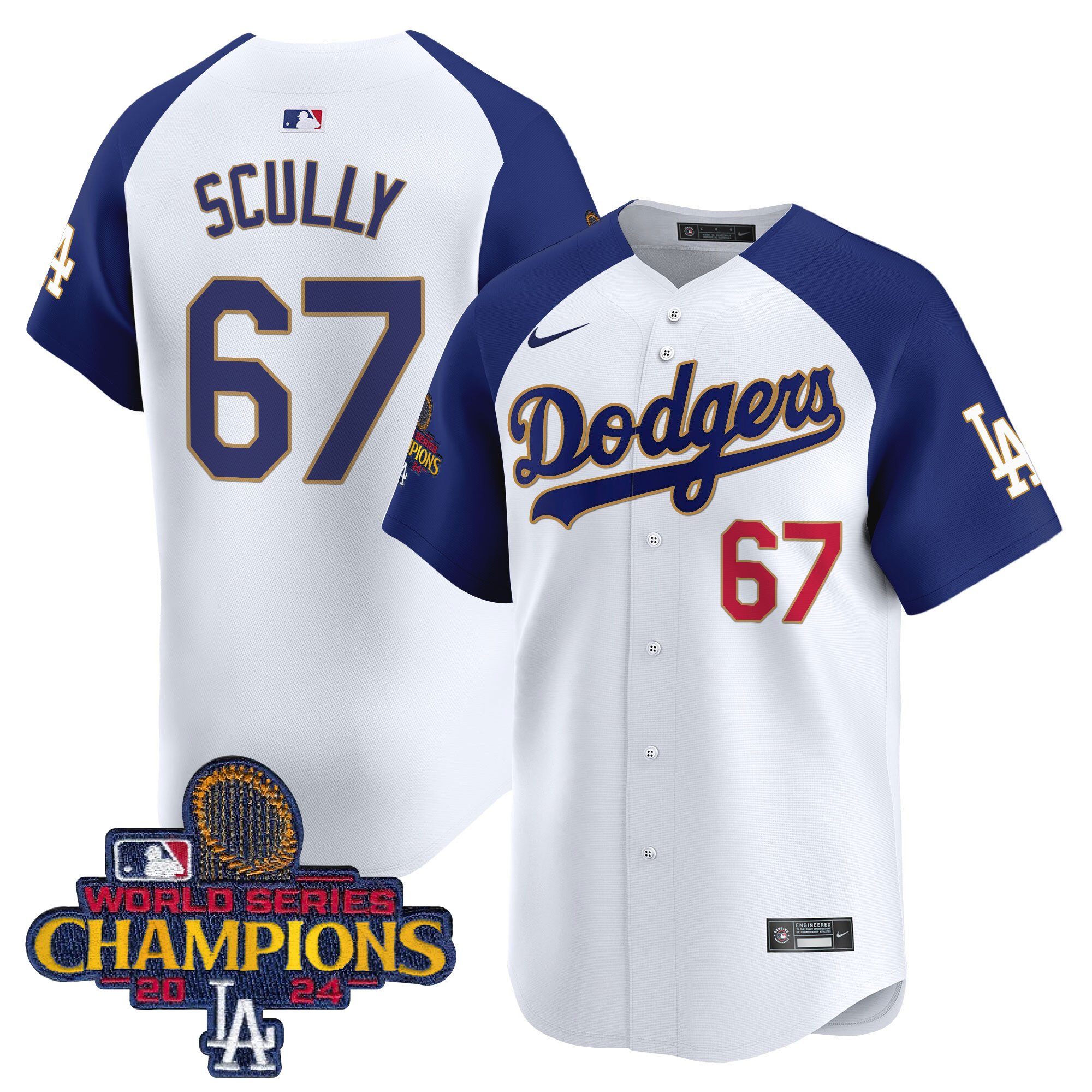 Vin Scully Men's Los Angeles Dodgers 2024 World Series Champions Gold Trim Vapor Premier Limited White Alternate Jersey - All Stitched