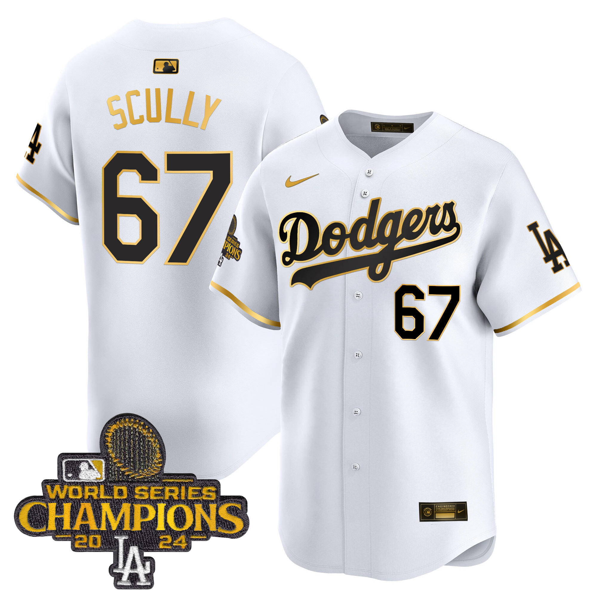Vin Scully Men's Los Angeles Dodgers 2024 World Series Champions Patch Vapor Premier Limited White Gold Jersey - All Stitched