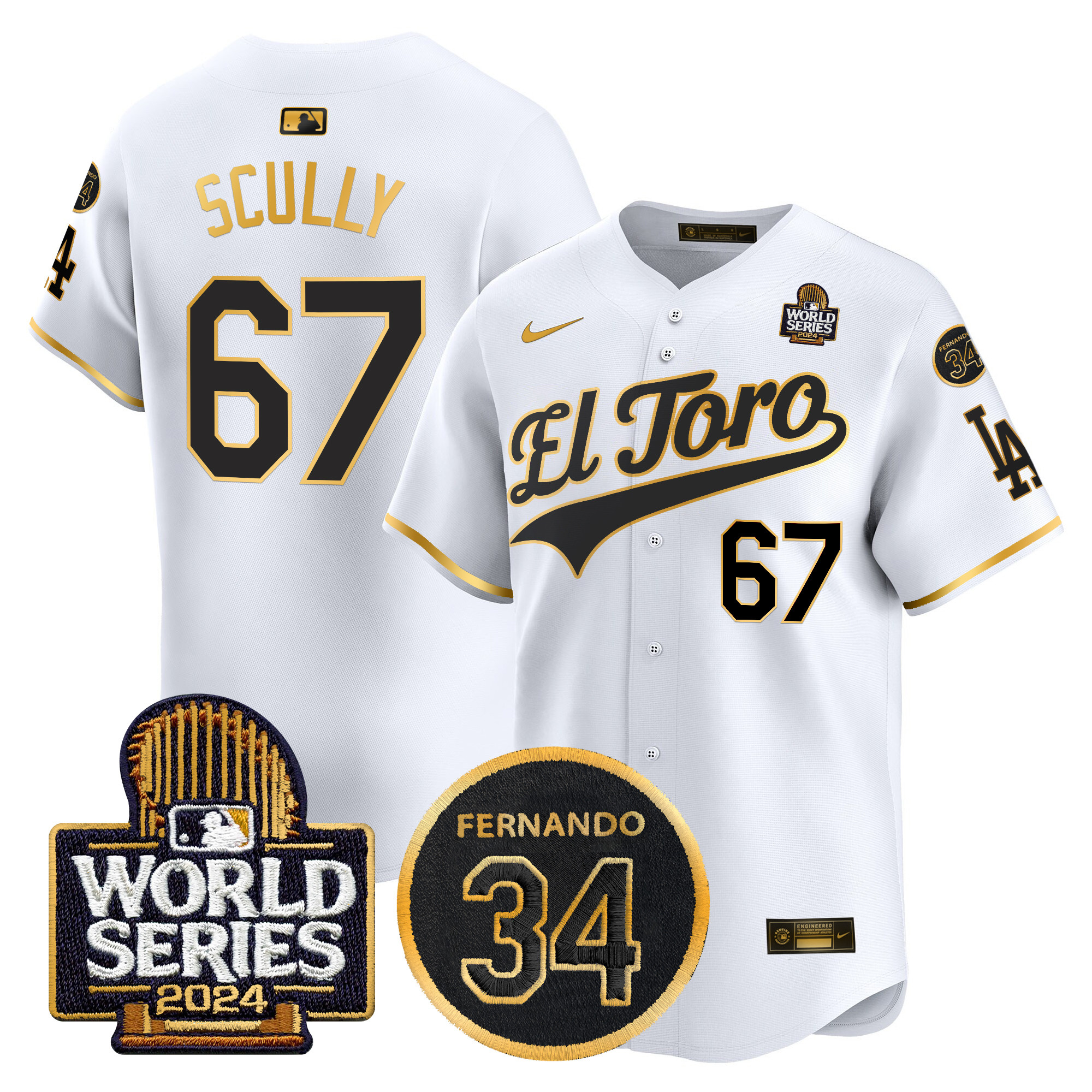 Vin Scully Men's Los Angeles Dodgers El Toro 2024 World Series Patch Vapor Premier Limited White Gold Jersey - All Stitched