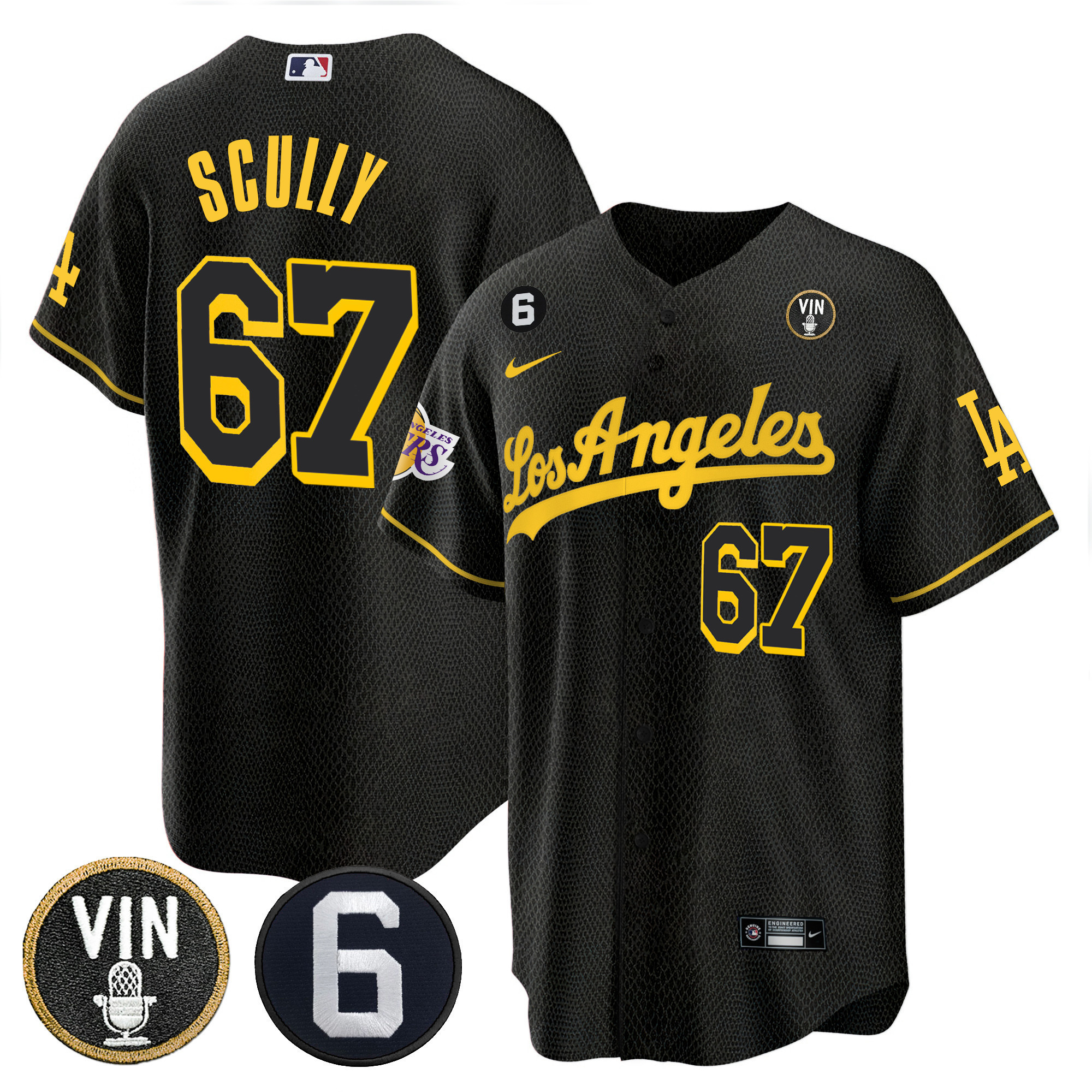 Vin Scully Men's Split Dodgers - Los Angeles Lakers Cool Base Black Mamba Jersey - All Stitched