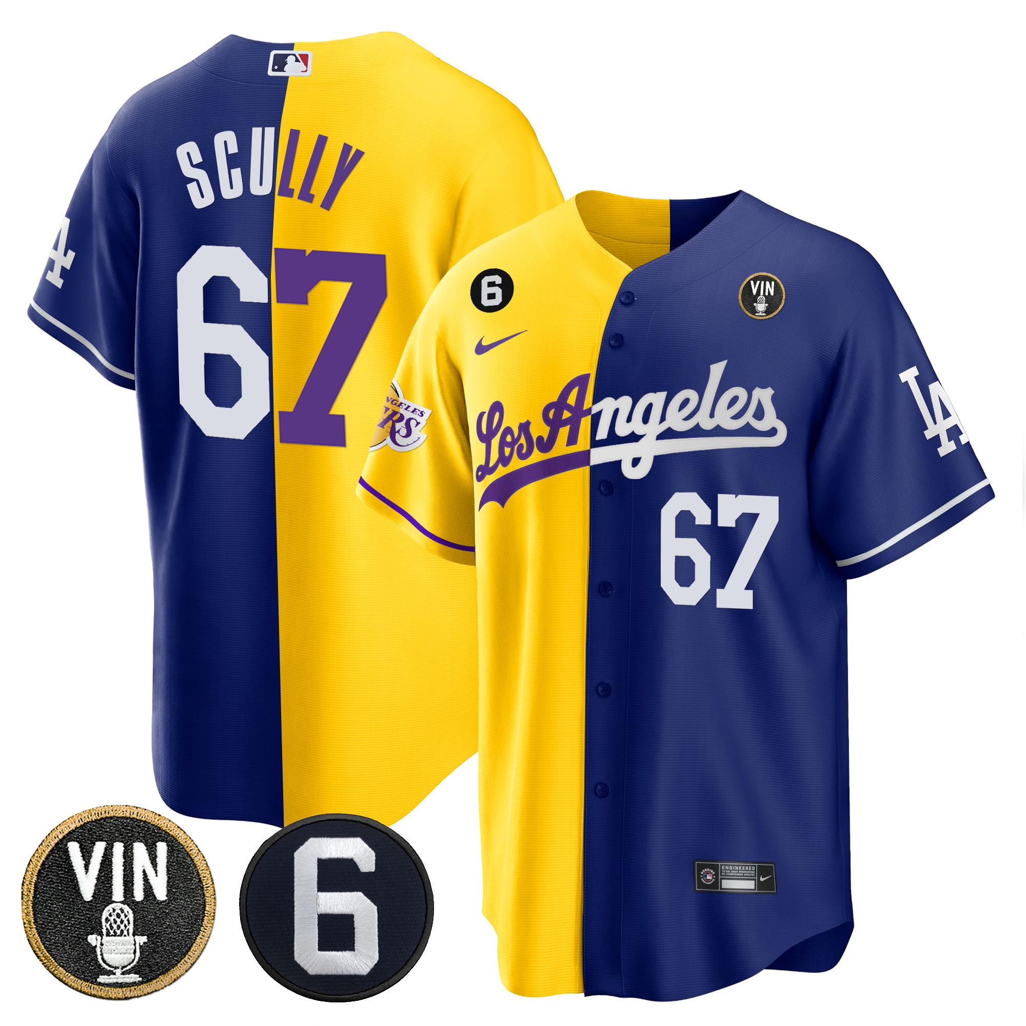 Vin Scully Men's Split Dodgers - Los Angeles Lakers Cool Base Gold Royal Jersey - All Stitched