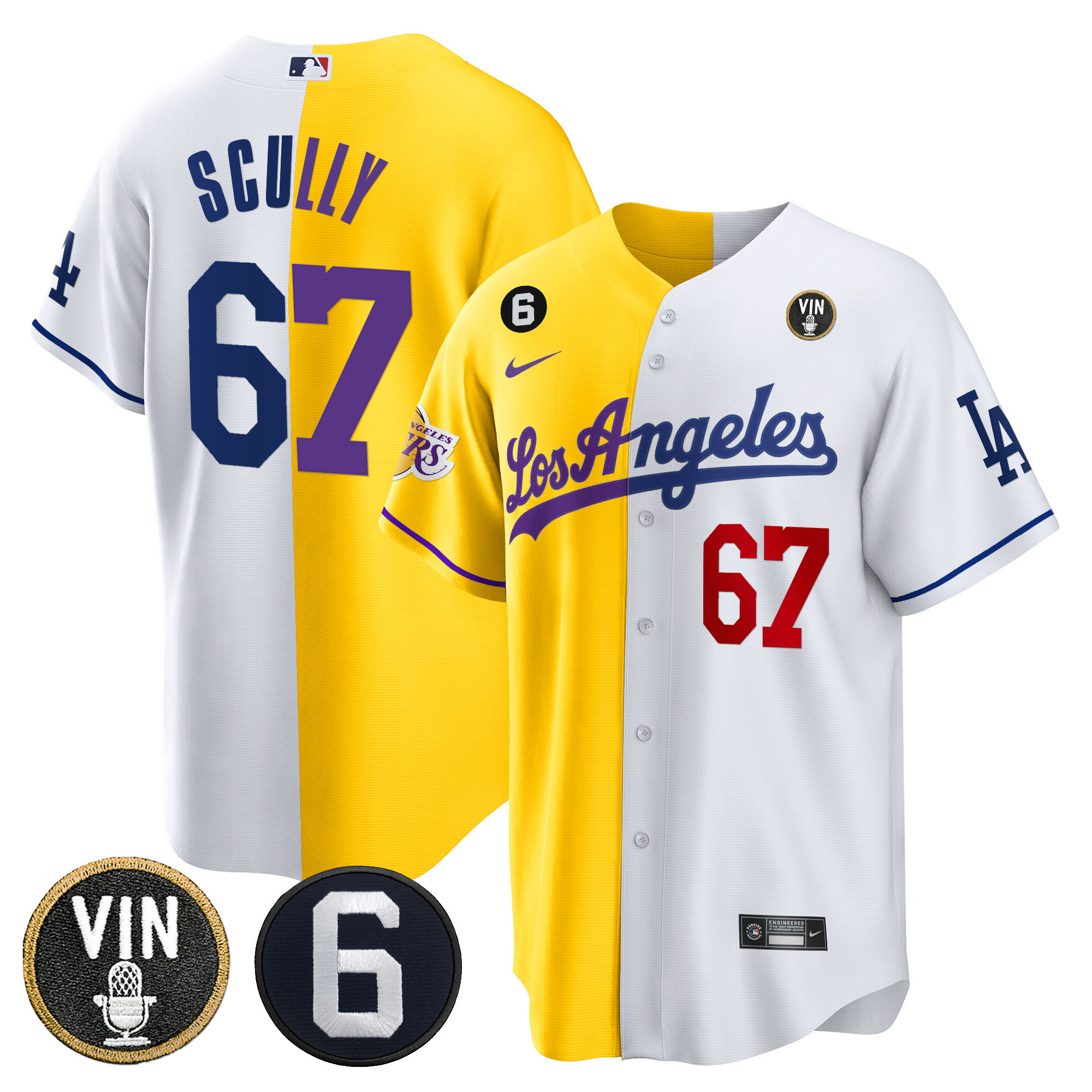 Vin Scully Men's Split Dodgers - Los Angeles Lakers Cool Base Gold White Jersey - All Stitched