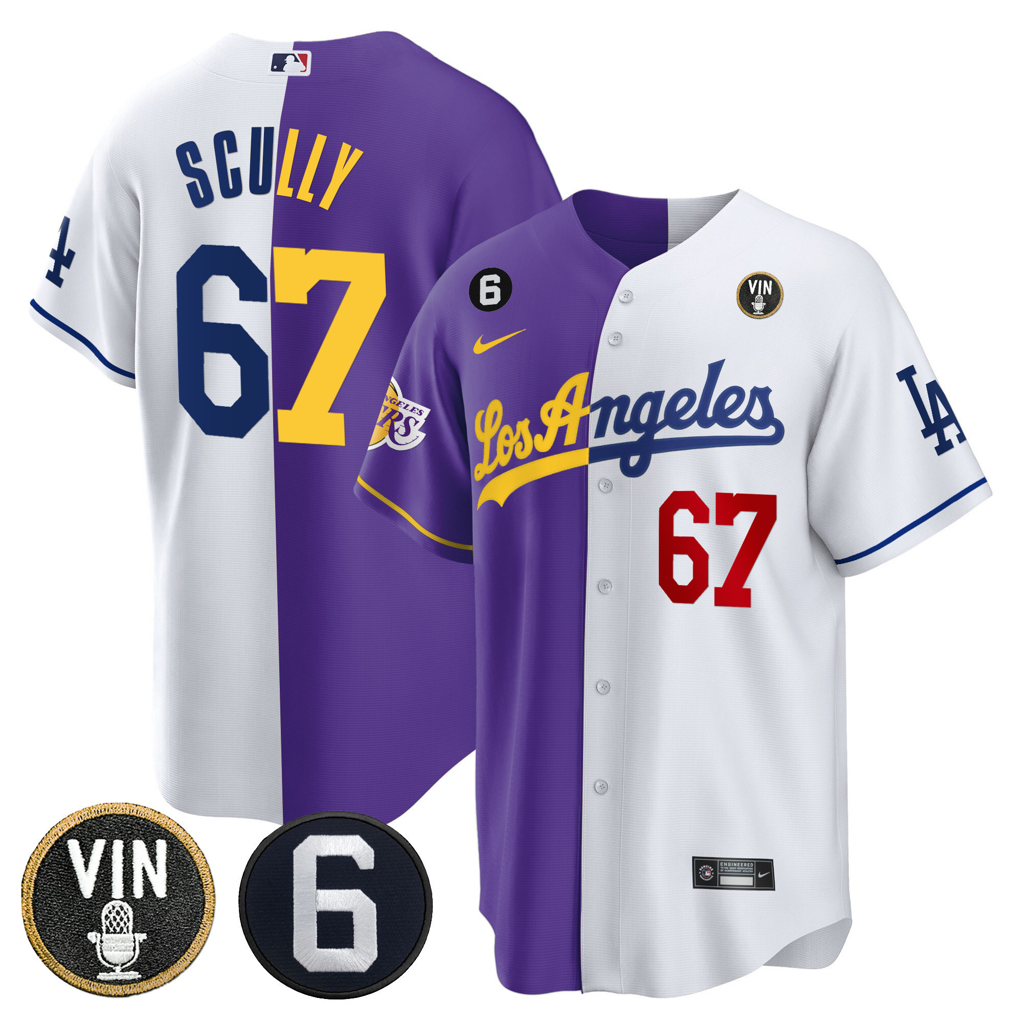 Vin Scully Men's Split Dodgers - Los Angeles Lakers Cool Base Purple White Jersey - All Stitched