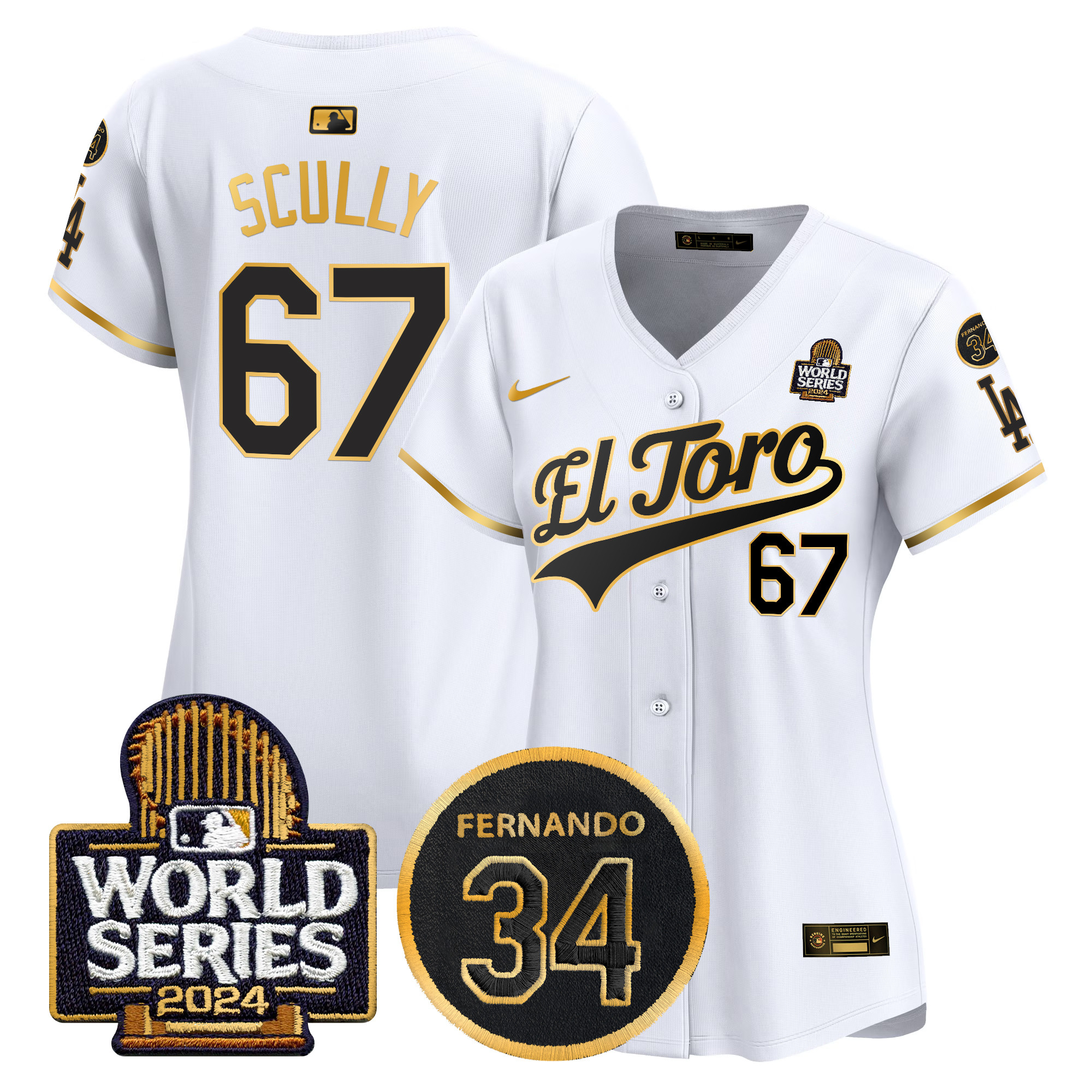 Vin Scully Women's Los Angeles Dodgers El Toro 2024 World Series Patch Vapor Premier Limited White Gold Jersey - All Stitched