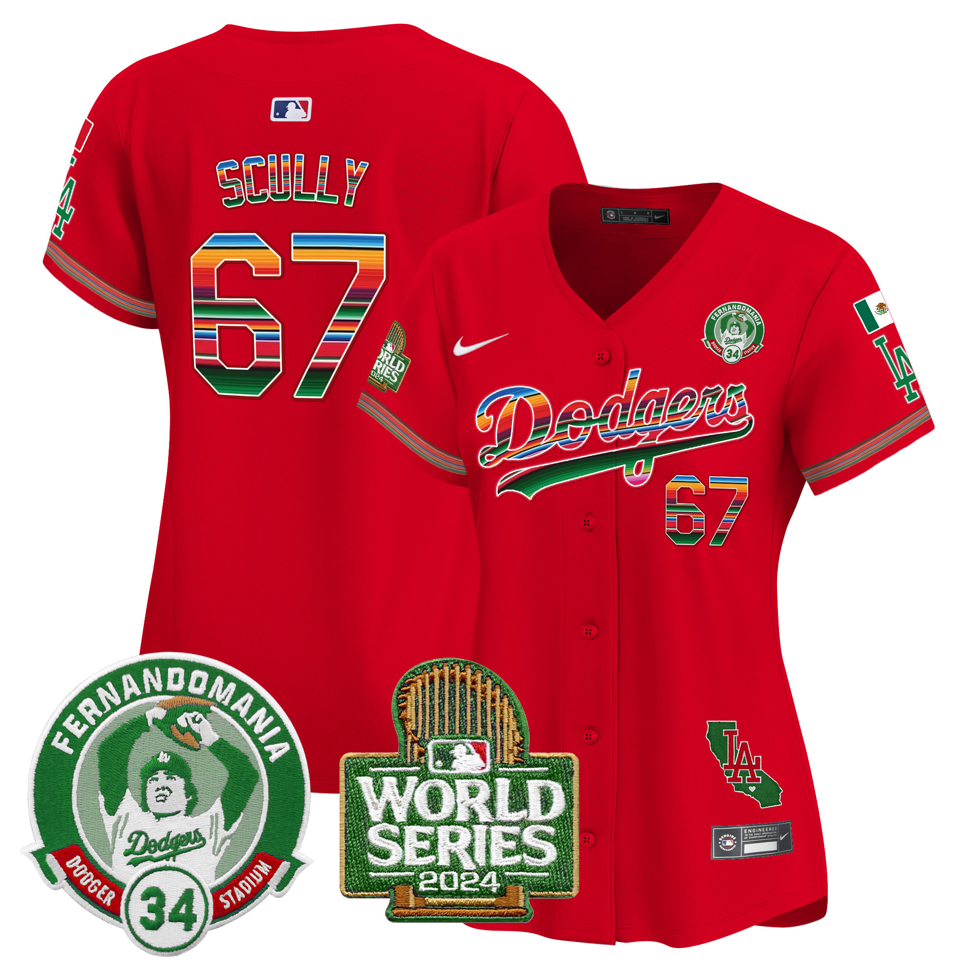 Vin Scully Women's Los Angeles Dodgers Mexico Fernando Valenzuela & 2024 World Series Patch Vapor Premier Limited Red Jersey - All Stitched