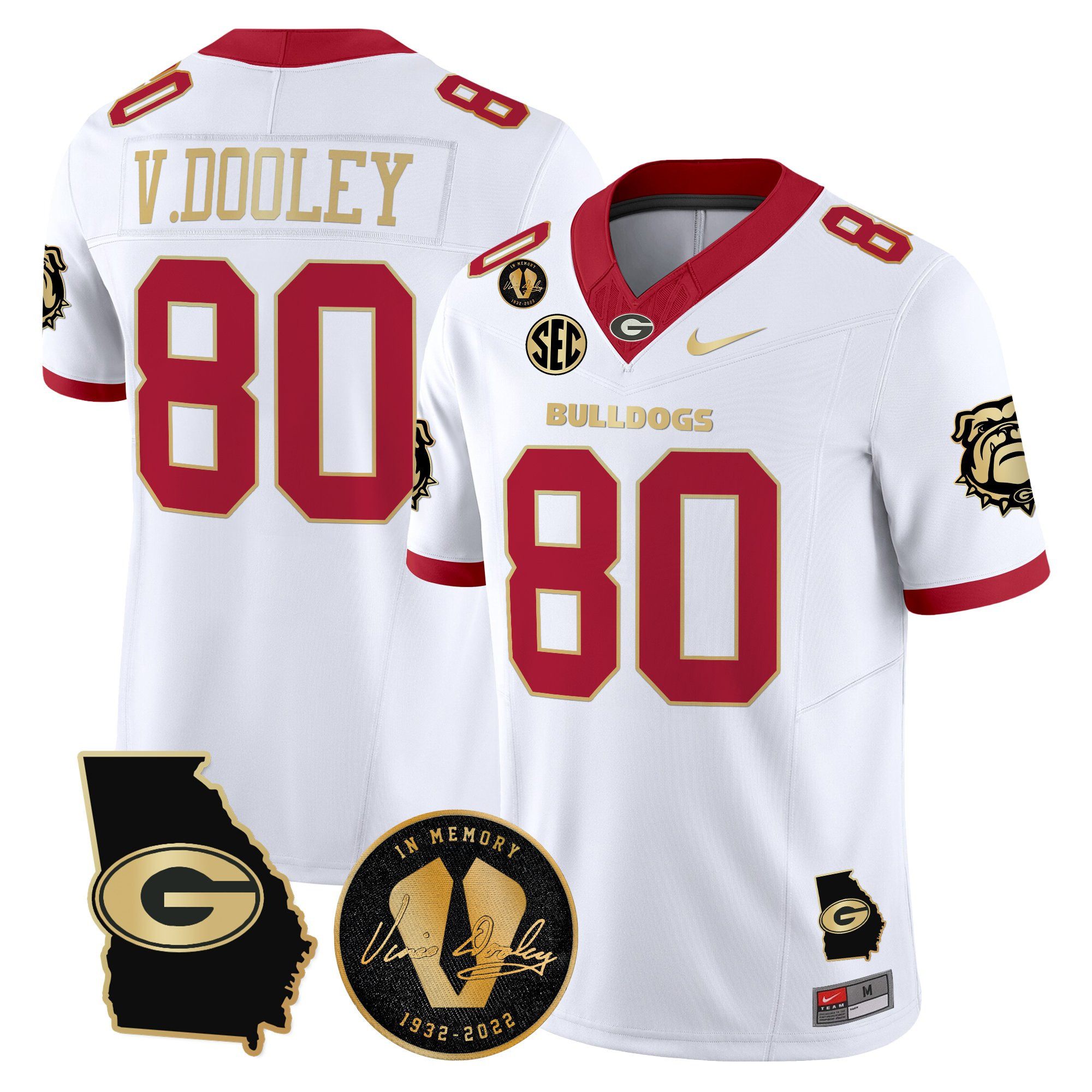 Vince Dooley Men's Georgia Bulldogs 2025 Georgia Map & Vince Dooley Patch Vapor Limited White Gold Trim Jersey - All Stitched