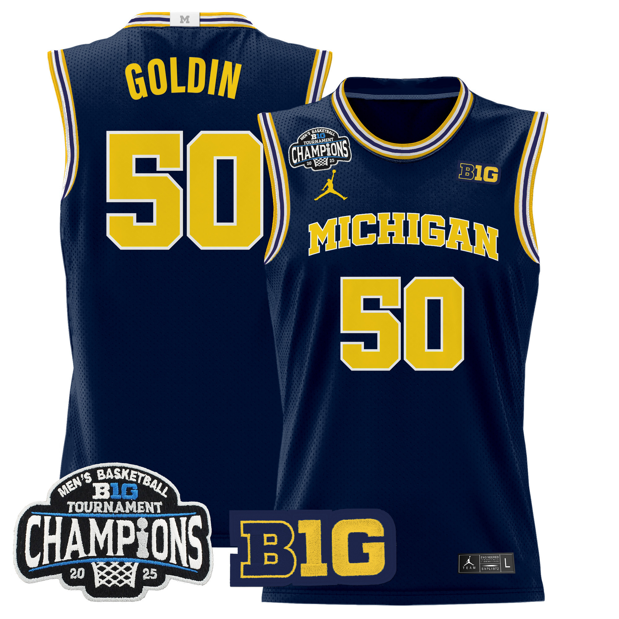 Vladislav Goldin Men's Michigan Wolverines 2025 Big Ten Conference Tournament Champions Basketball Navy Jersey - All Stitched