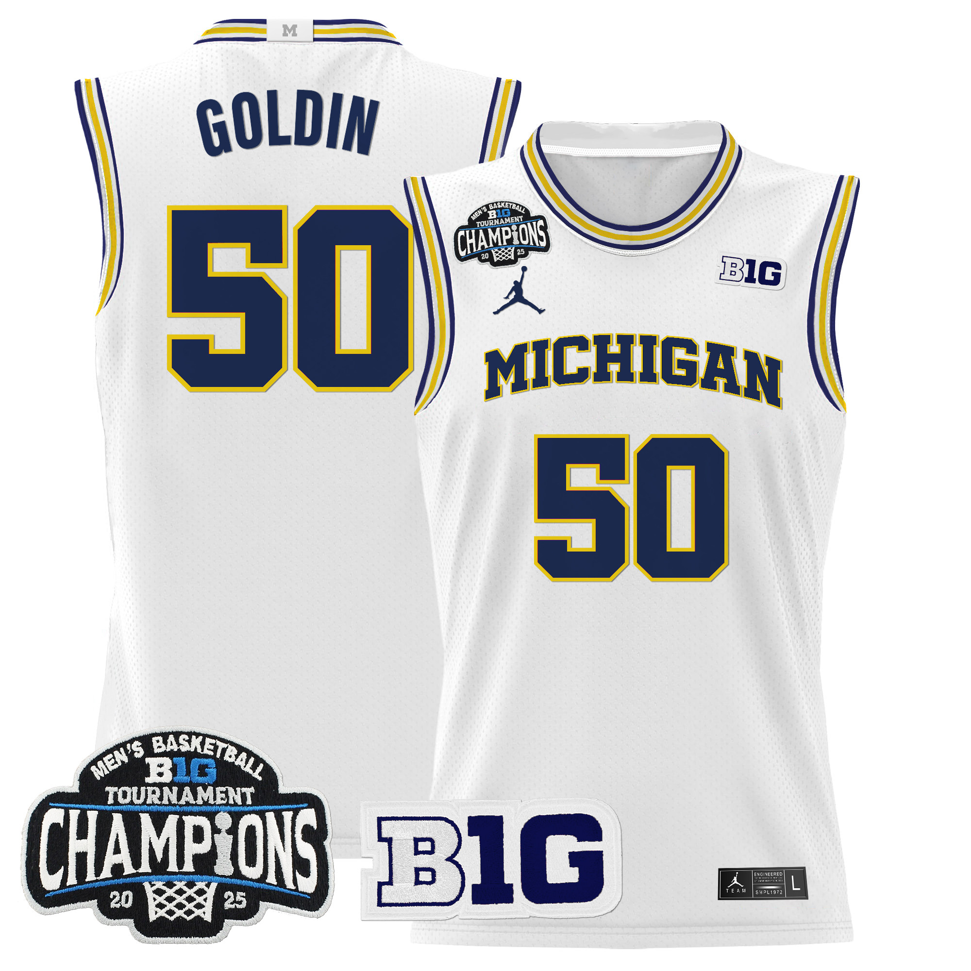Vladislav Goldin Men's Michigan Wolverines 2025 Big Ten Conference Tournament Champions Basketball White Jersey - All Stitched