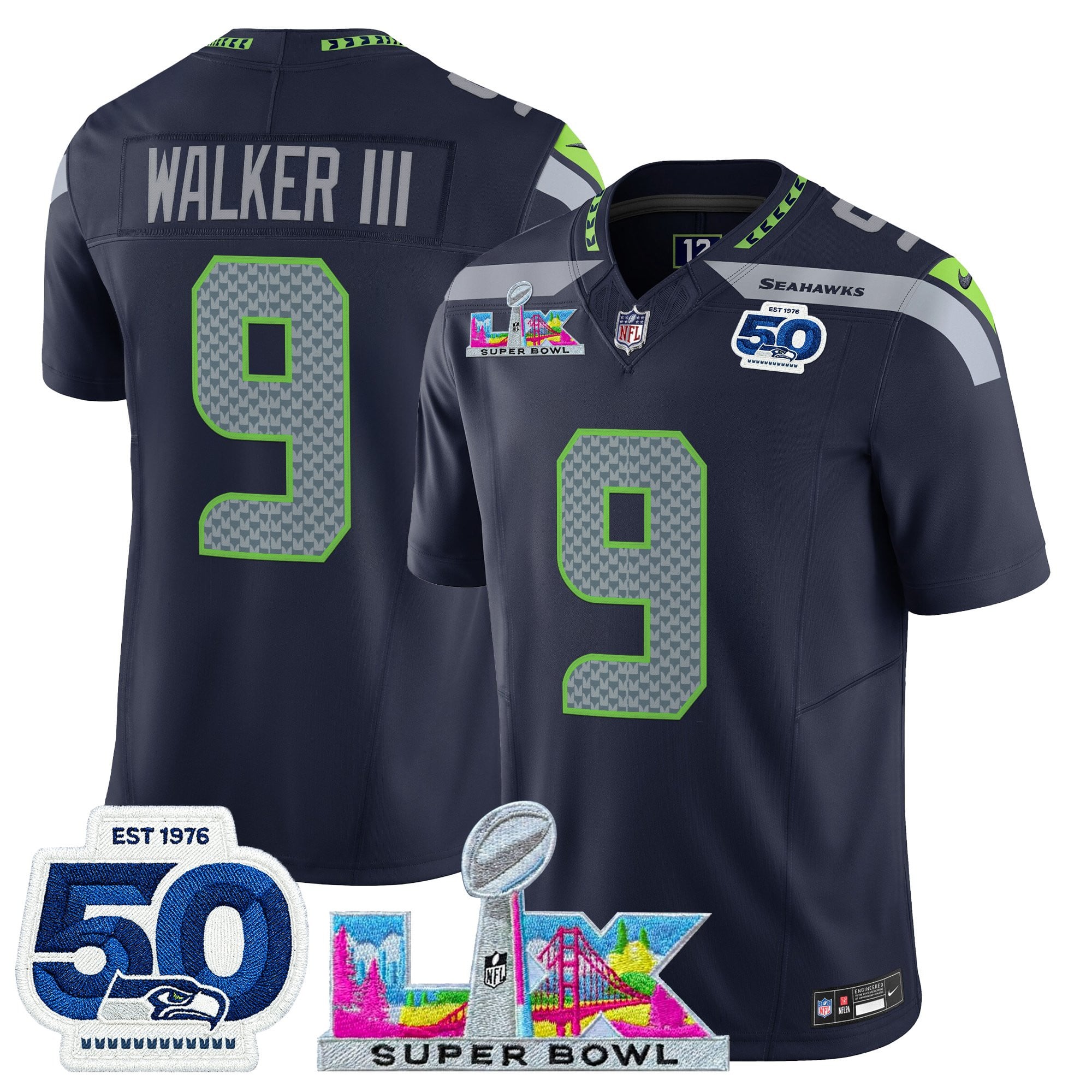 Walker III Men's Seattle Seahawks “Super Bowl LX & 50th Patch” Vapor Limited College Navy Jersey - All Stitched