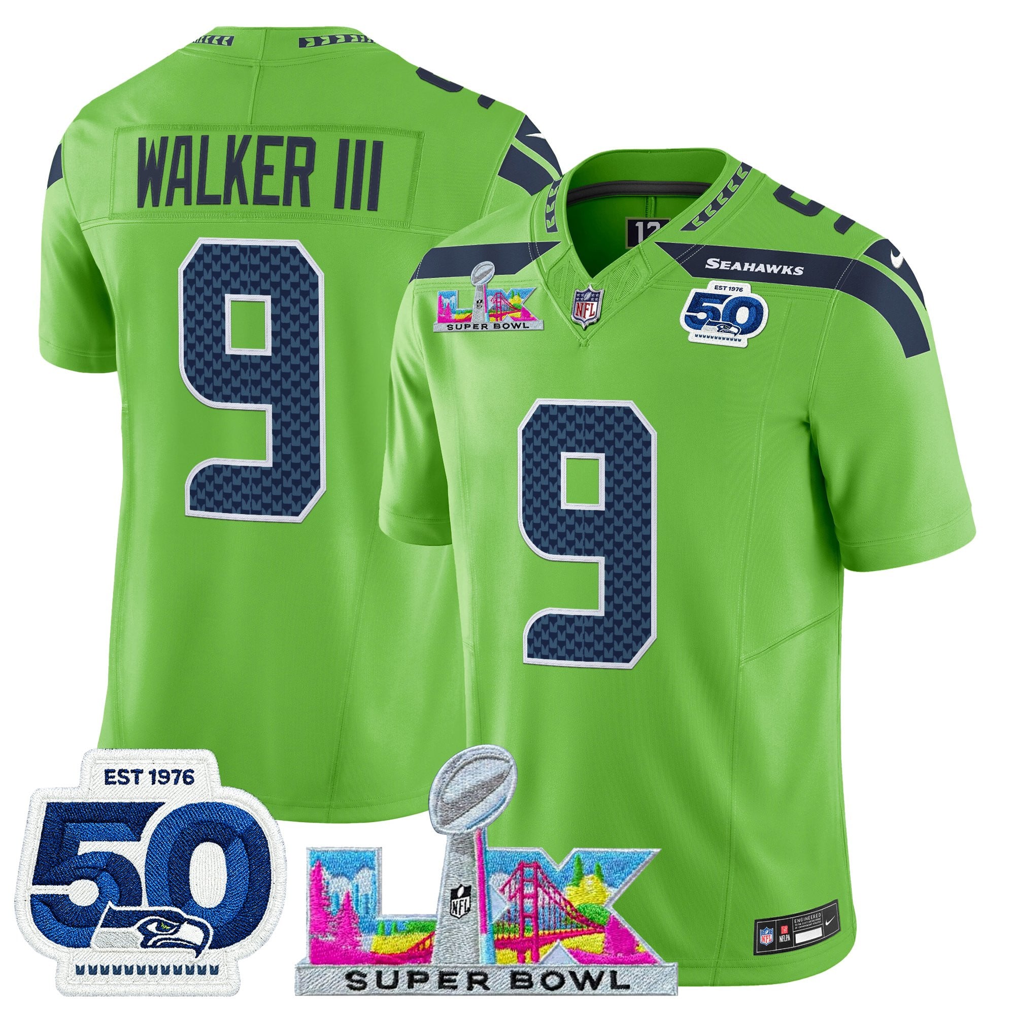 Walker III Men's Seattle Seahawks “Super Bowl LX & 50th Patch” Vapor Limited Green Jersey - All Stitched