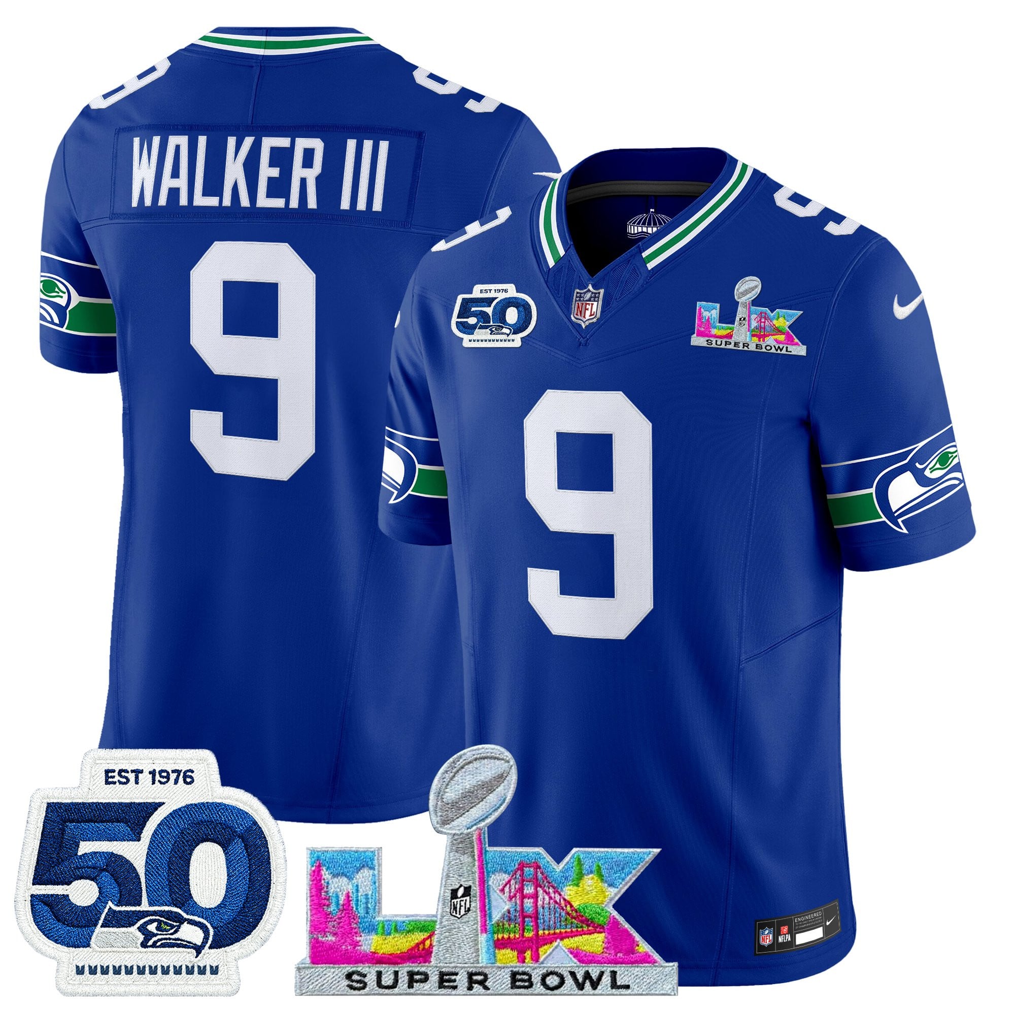 Walker III Men's Seattle Seahawks “Super Bowl LX & 50th Patch” Vapor Limited Royal Jersey - All Stitched