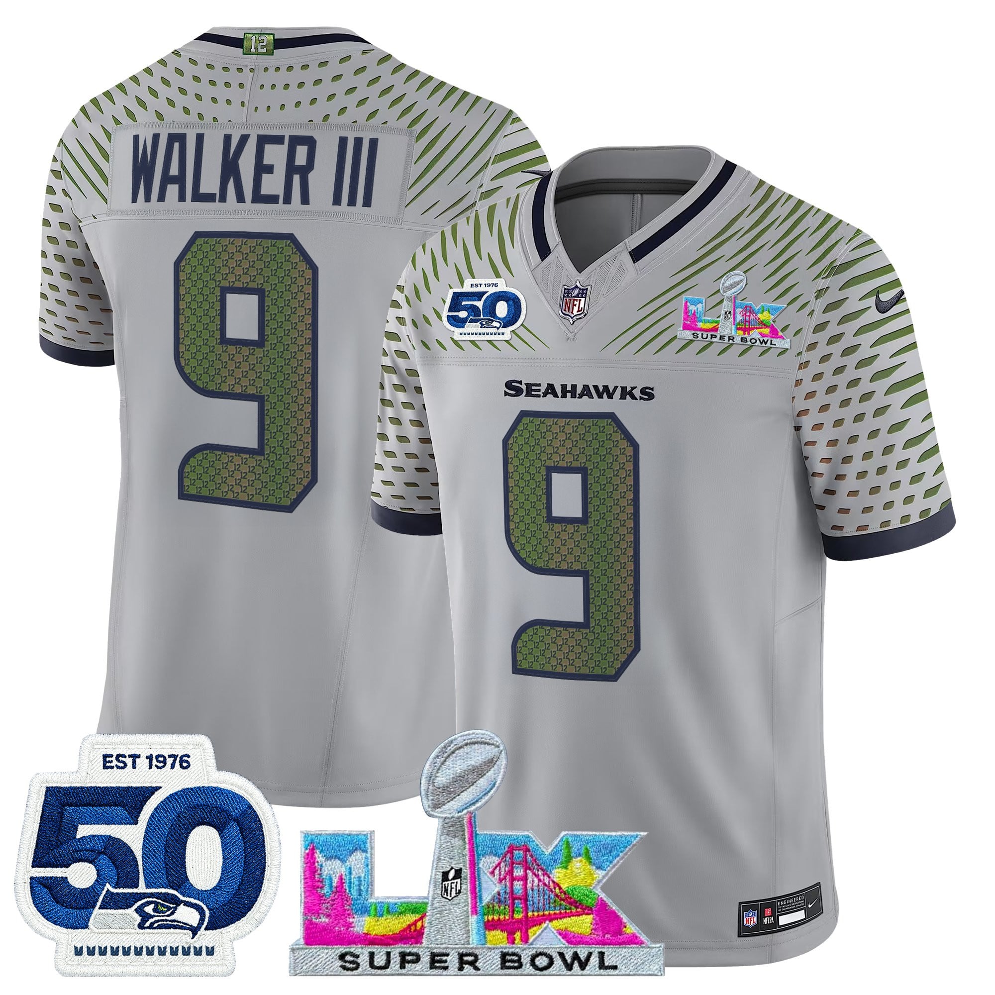 Walker III Men's Seattle Seahawks “Super Bowl LX & 50th Patch” Vapor Limited Wolf Gray Jersey - All Stitched