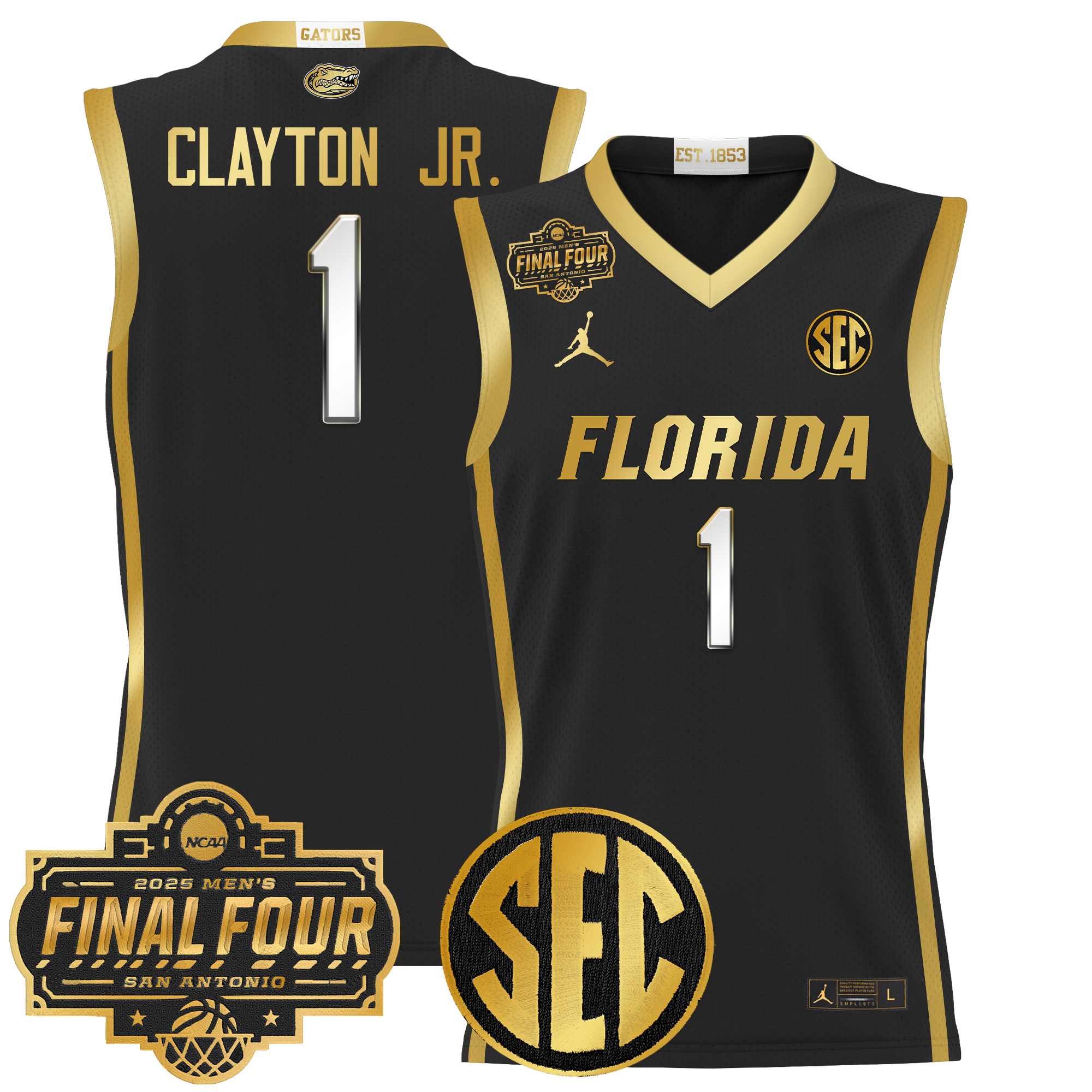 Walter Clayton Jr. Men's Florida Gators 2025 Final Four Patch Basketball Black Gold Jersey - All Stitched
