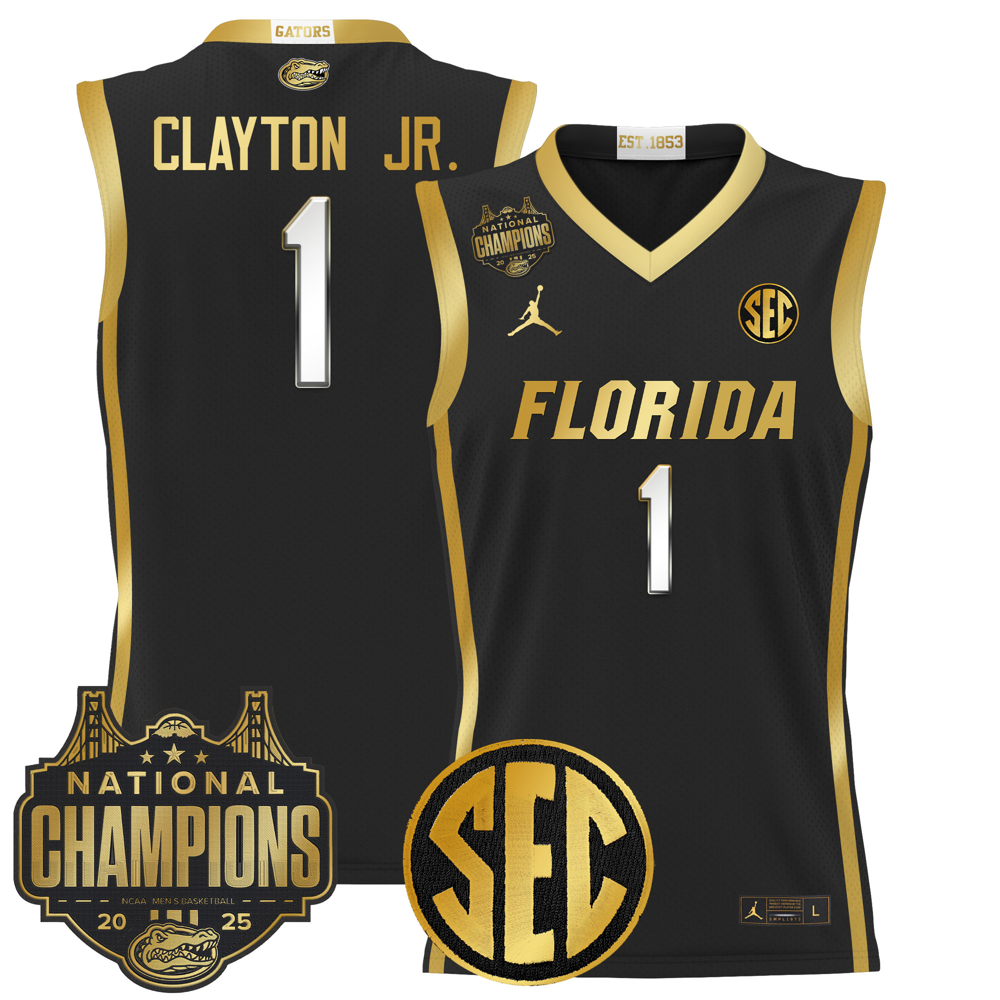 Walter Clayton Jr. Men's Florida Gators 2025 National Champions Patch Basketball Black Gold Jersey - All Stitched