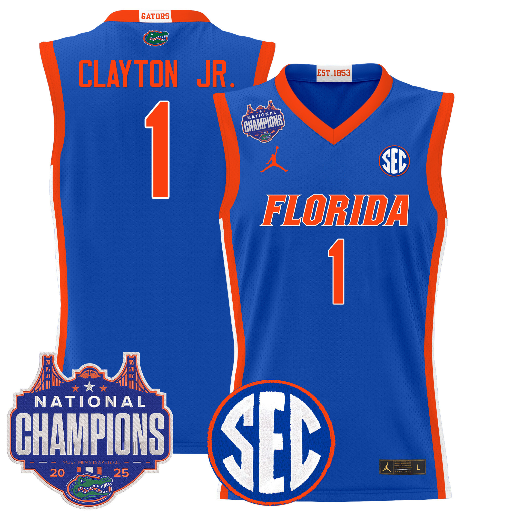 Walter Clayton Jr. Men's Florida Gators 2025 National Champions Patch Basketball Royal Jersey - All Stitched