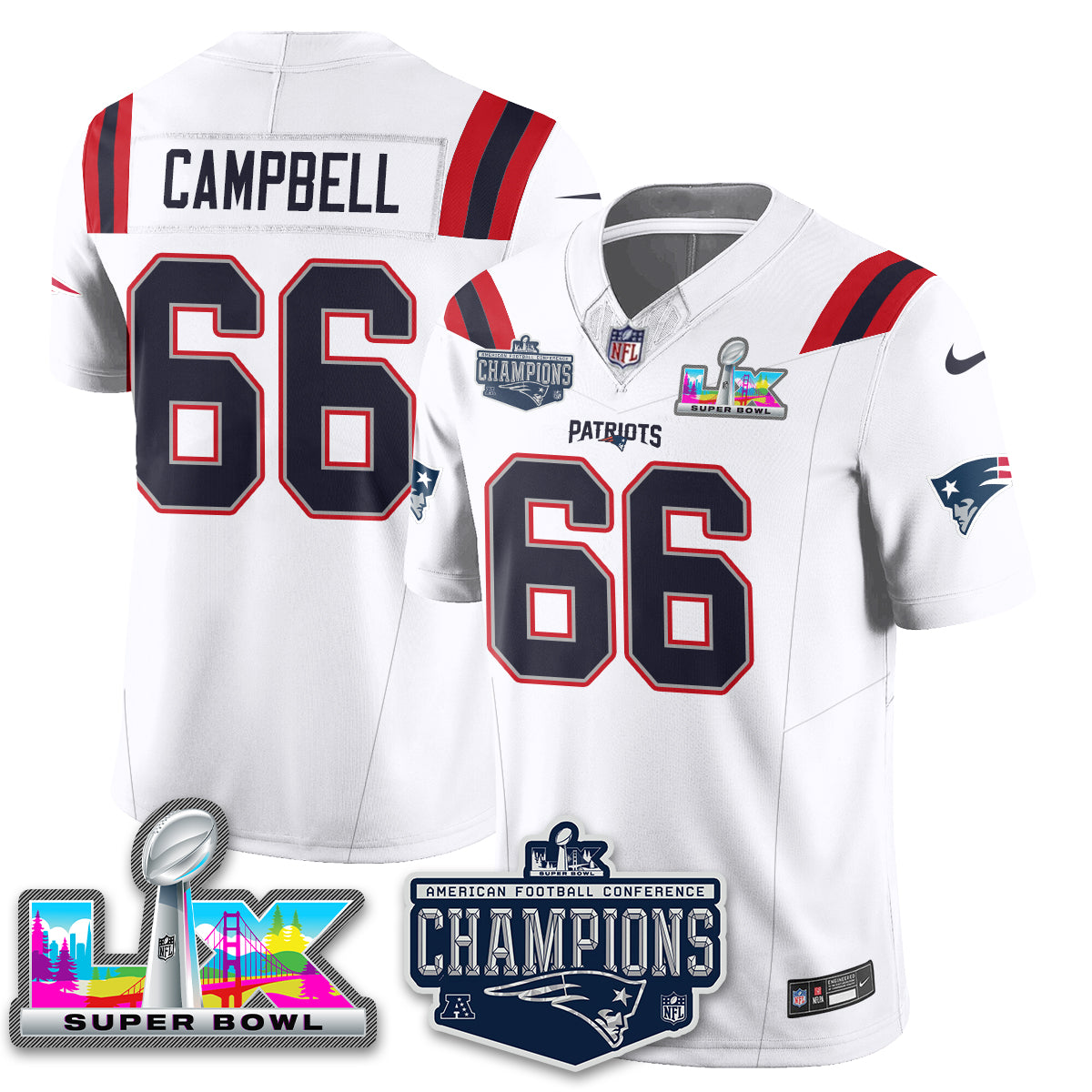 Will Campbell - 66 New England Patriots 2025 AFC Champions Vapor Limited White Jersey - All Stitched