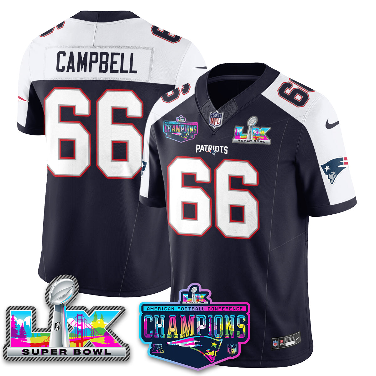 Will Campbell - 66 New England Patriots 2025 Vapor Navy Alternate Jersey - AFC Champions Limited Patch - All Stitched