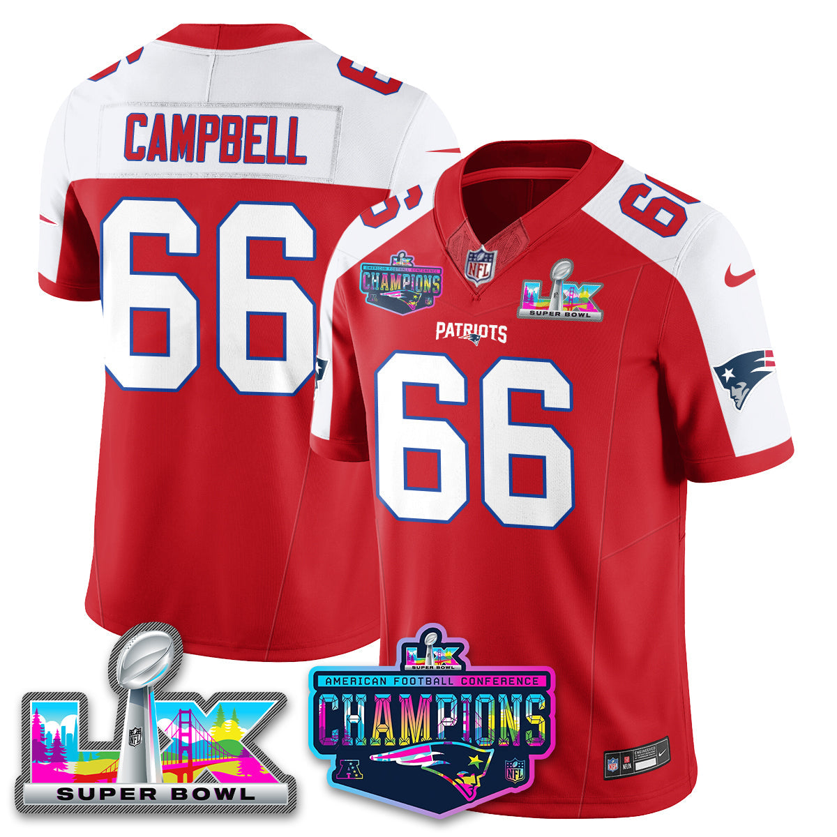 Will Campbell - 66 New England Patriots 2025 Vapor Red Alternate Jersey - AFC Champions Limited Patch - All Stitched
