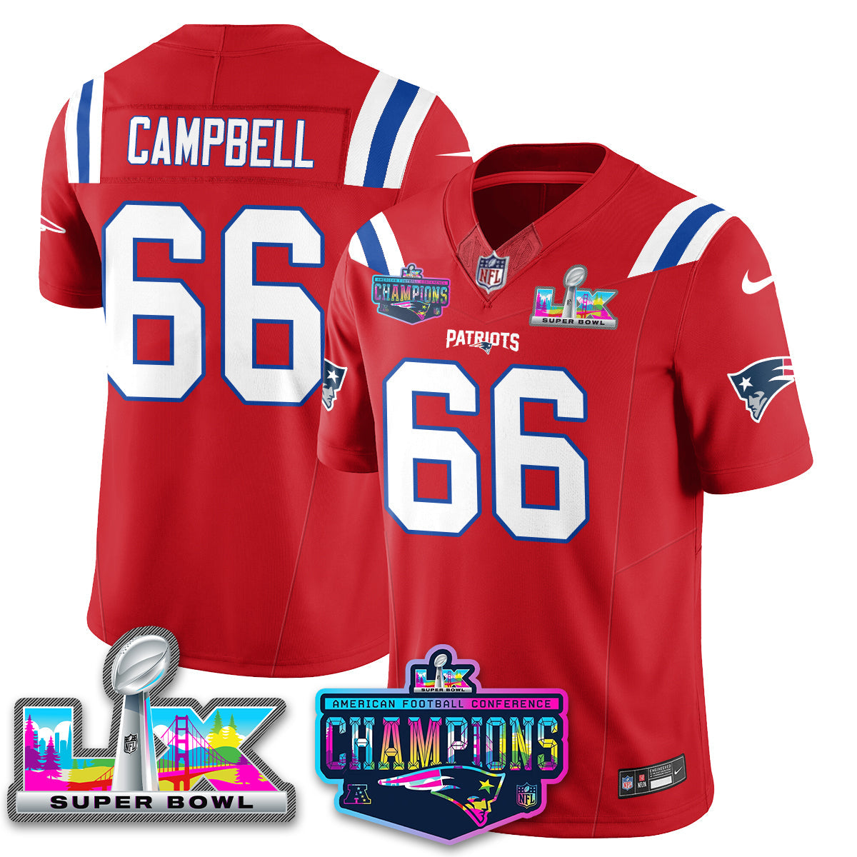 Will Campbell - 66 New England Patriots 2025 Vapor Red Jersey - AFC Champions Limited Patch - All Stitched
