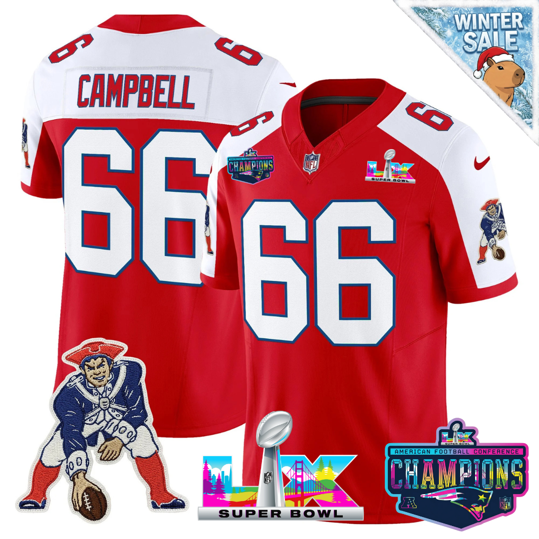 Will Campbell - 66 New England Patriots 2025 Vapor Red Throwback Alternate Jersey - AFC Champions Limited Patch - All Stitched