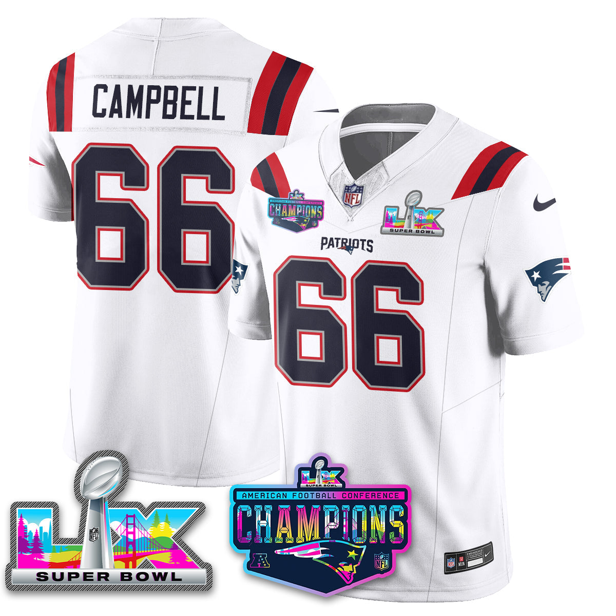 Will Campbell - 66 New England Patriots 2025 Vapor White Jersey - AFC Champions Limited Patch - All Stitched