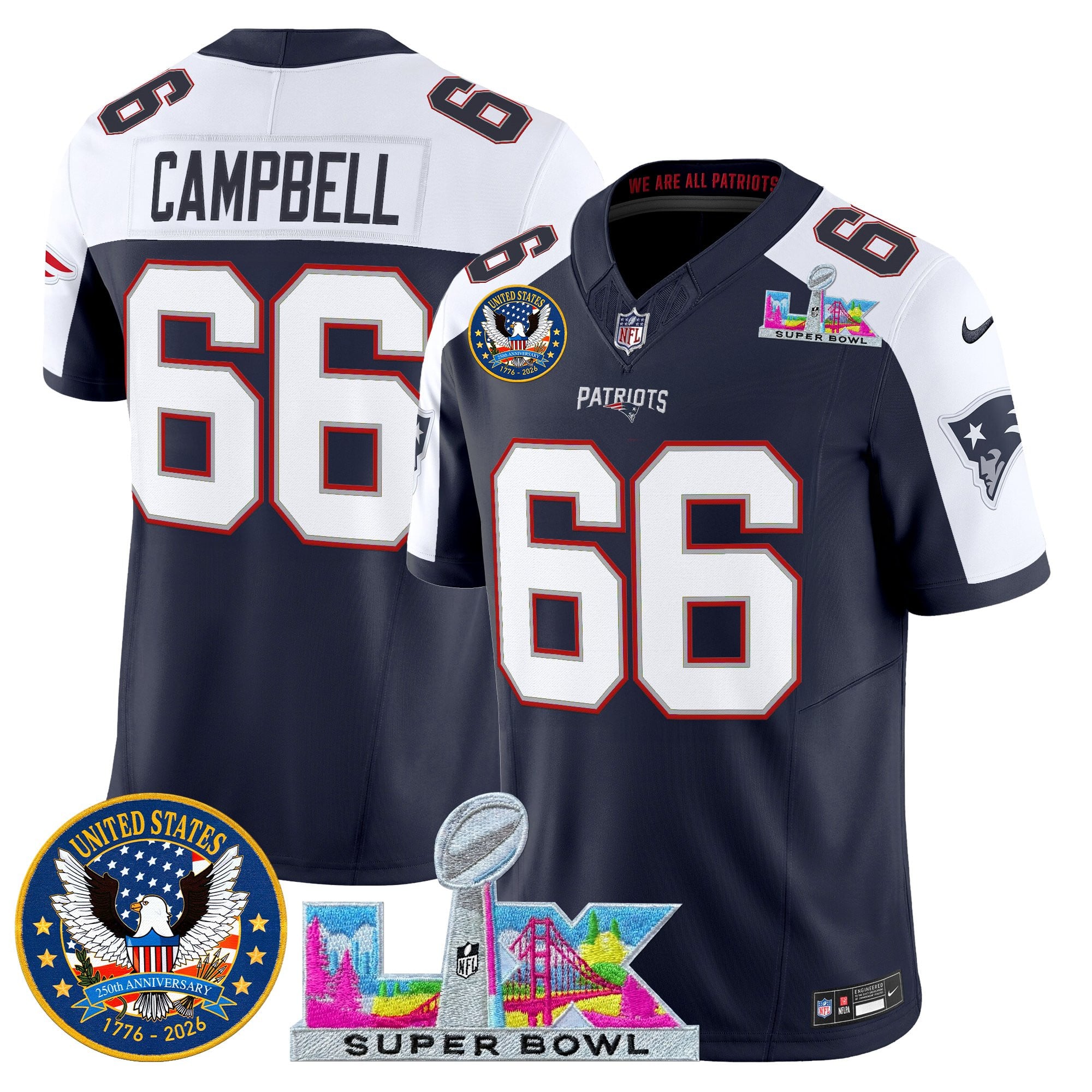 Will Campbell Men's New England Patriots “Super Bowl LX & United States 250th Patch” Vapor Limited Navy Alternate Jersey - All Stitched