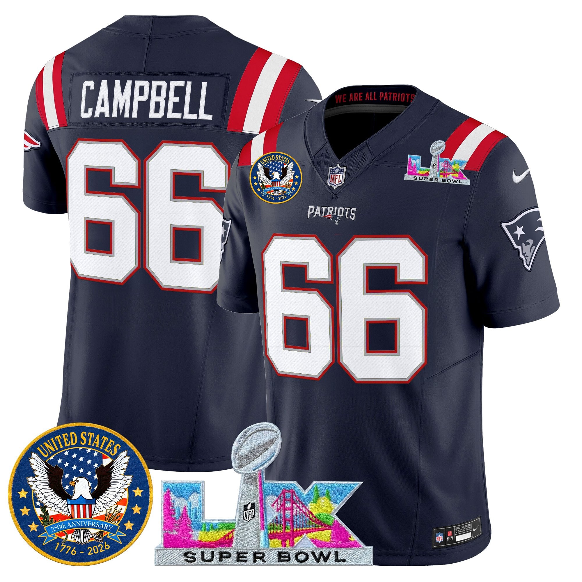 Will Campbell Men's New England Patriots “Super Bowl LX & United States 250th Patch” Vapor Limited Navy Jersey - All Stitched