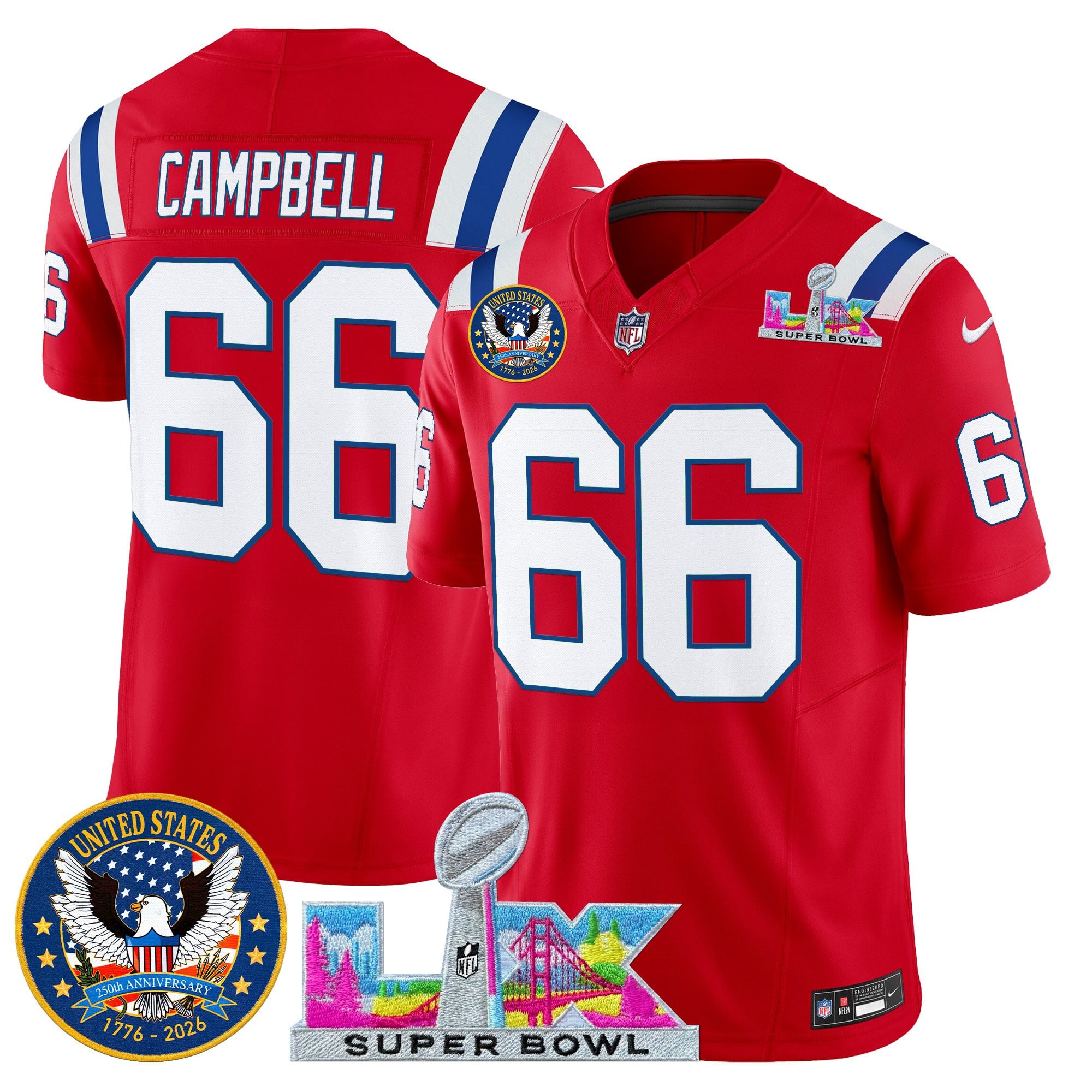 Will Campbell Men's New England Patriots “Super Bowl LX & United States 250th Patch” Vapor Limited Red Jersey - All Stitched