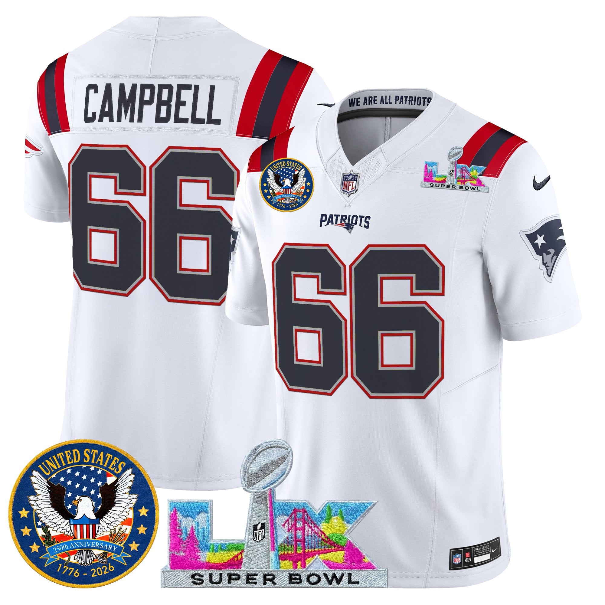 Will Campbell Men's New England Patriots “Super Bowl LX & United States 250th Patch” Vapor Limited White Jersey - All Stitched