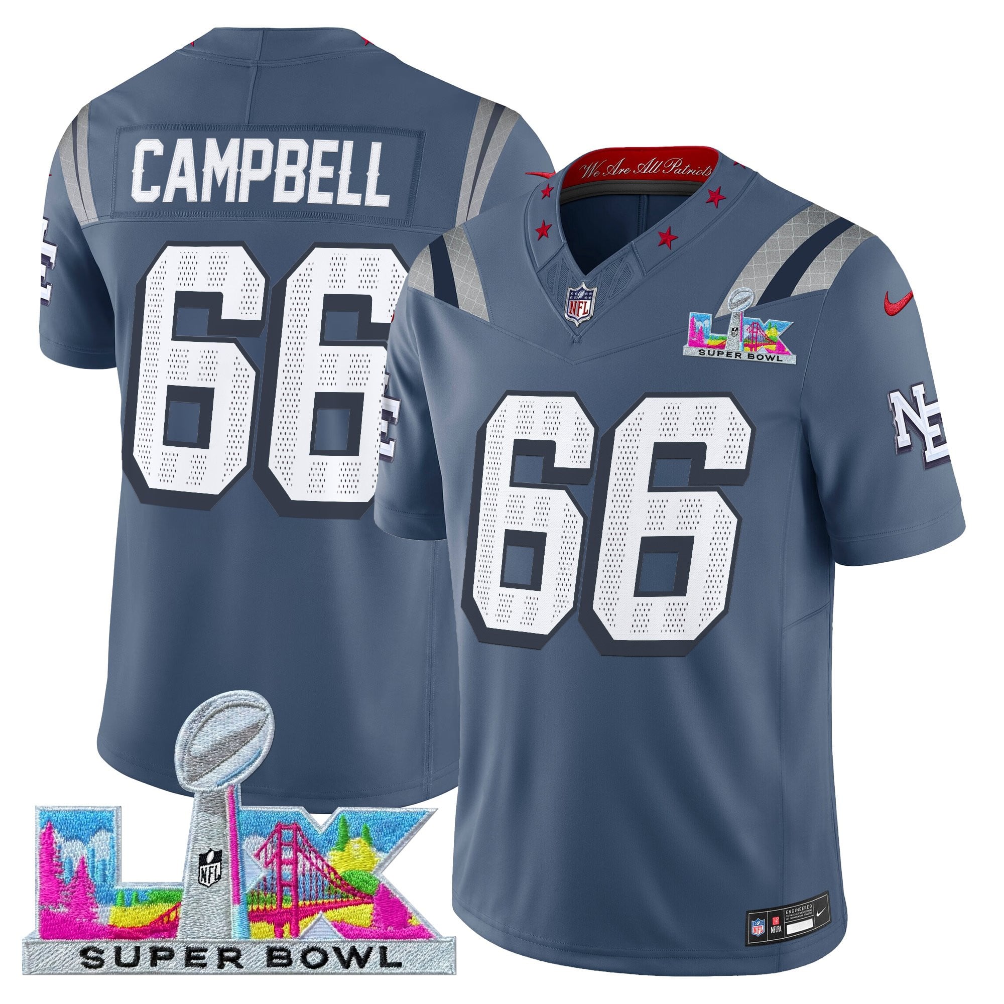 Will Campbell Men's New England Patriots Super Bowl LX Vapor Limited Storm Blue Jersey - All Stitched
