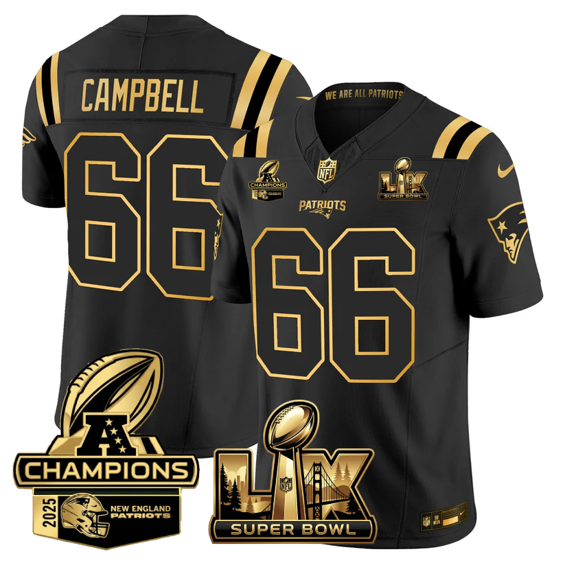 Will Campbell New England Patriots Super Bowl LX - AFC Champions Patch Gold Vapor Limited Black Gold Jersey - All Stitched