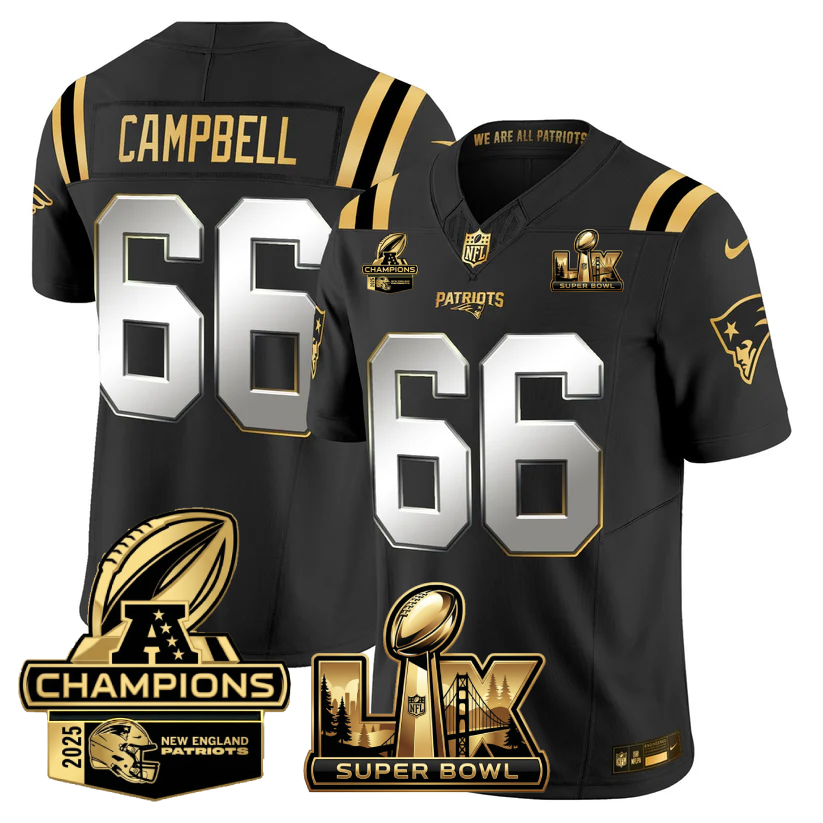 Will Campbell New England Patriots Super Bowl LX - AFC Champions Patch Gold Vapor Limited Black Limited Jersey - All Stitched