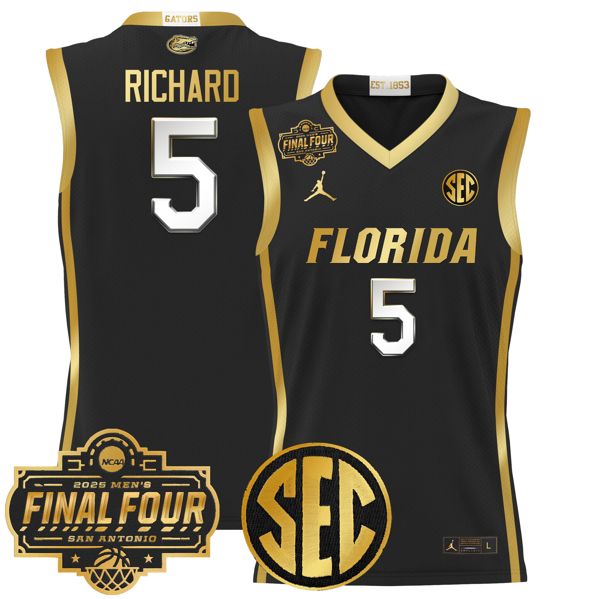 Will Richard Men's Florida Gators 2025 Final Four Patch Basketball Black Gold Jersey - All Stitched
