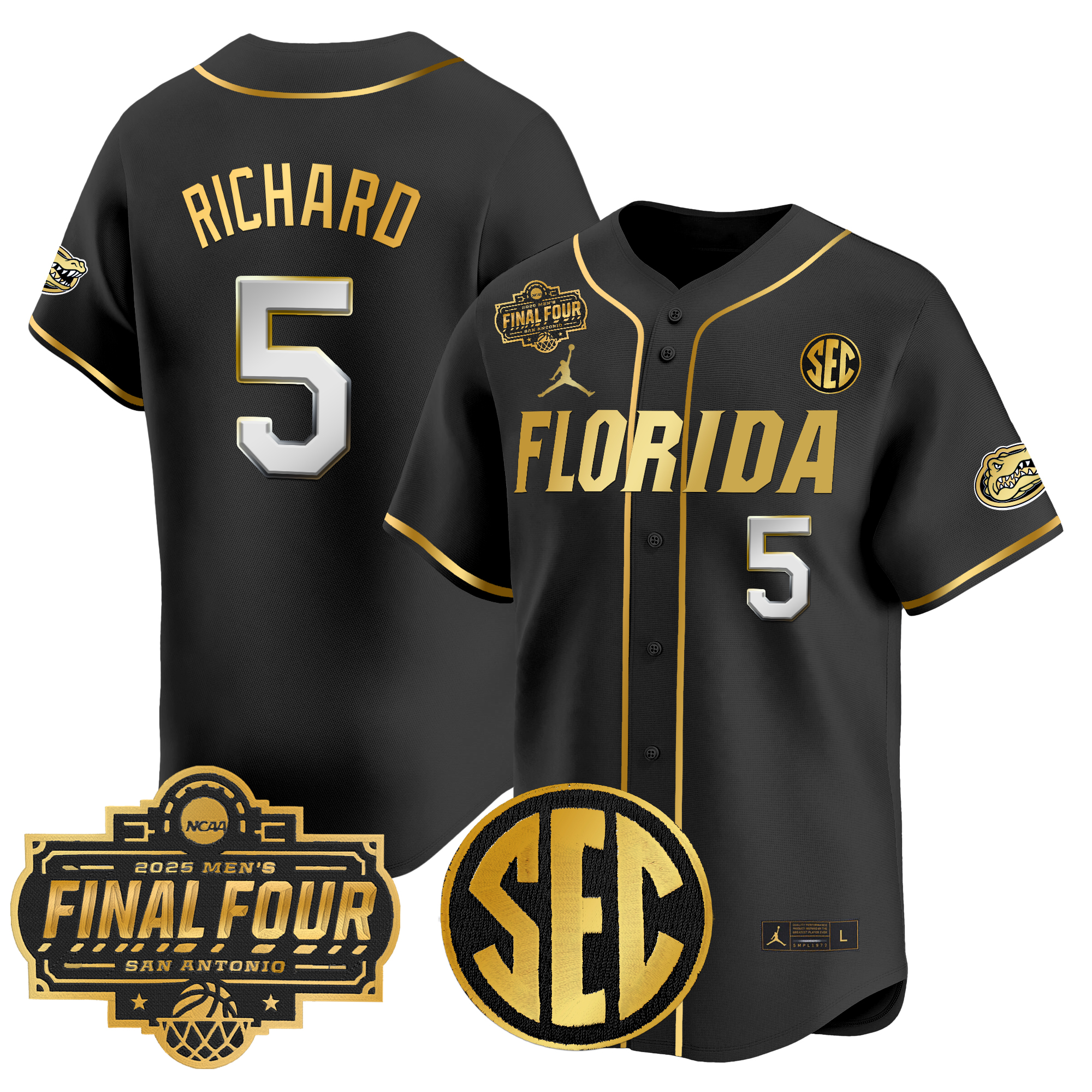 Will Richard Men's Florida Gators 2025 Final Four Patch Vapor Baseball Black Gold Jersey - All Stitched