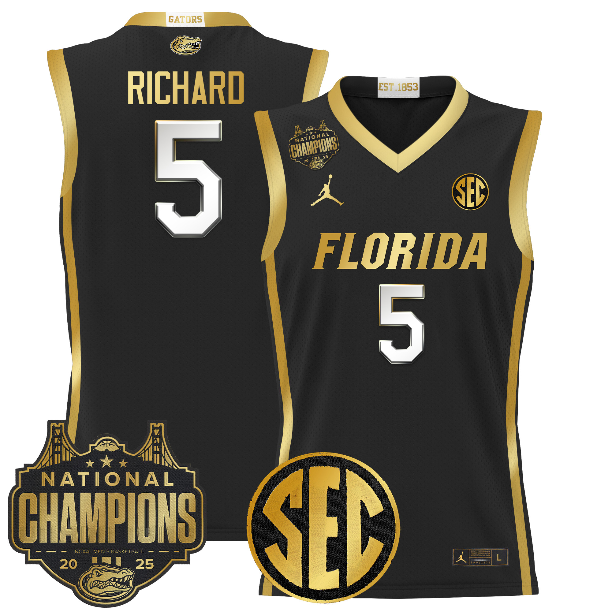 Will Richard Men's Florida Gators 2025 National Champions Patch Basketball Black Gold Jersey - All Stitched