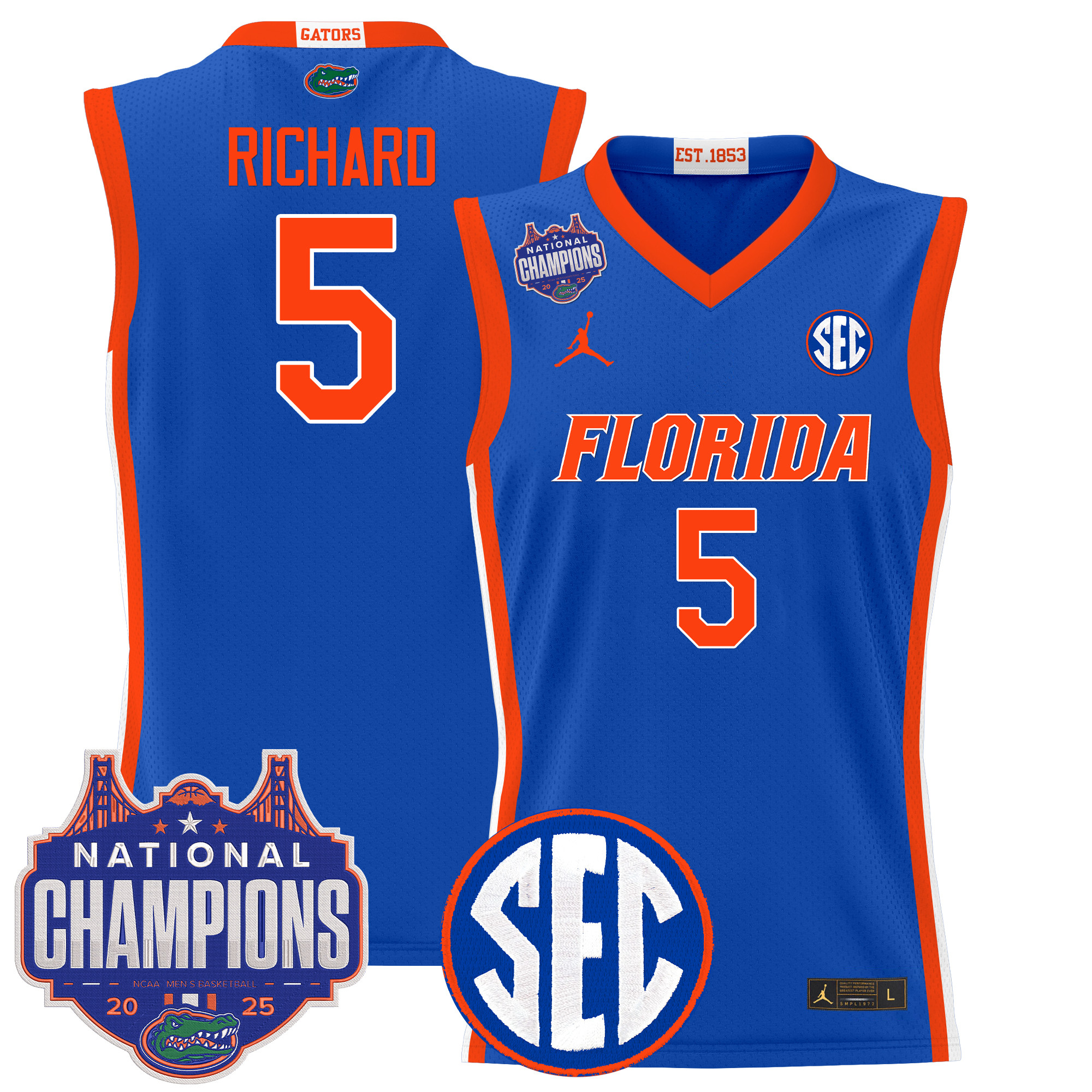Will Richard Men's Florida Gators 2025 National Champions Patch Basketball Royal Jersey - All Stitched