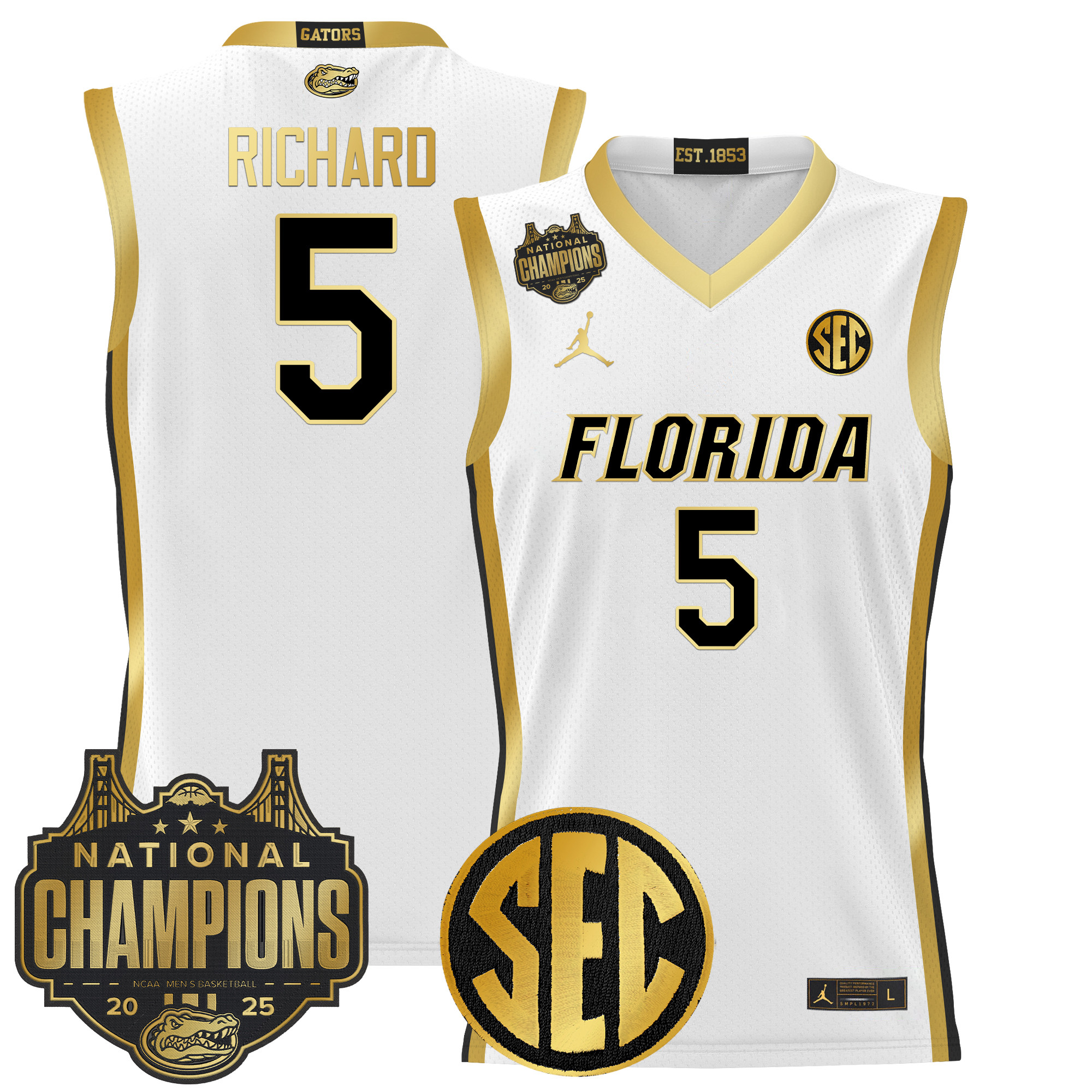 Will Richard Men's Florida Gators 2025 National Champions Patch Basketball White Gold Jersey - All Stitched
