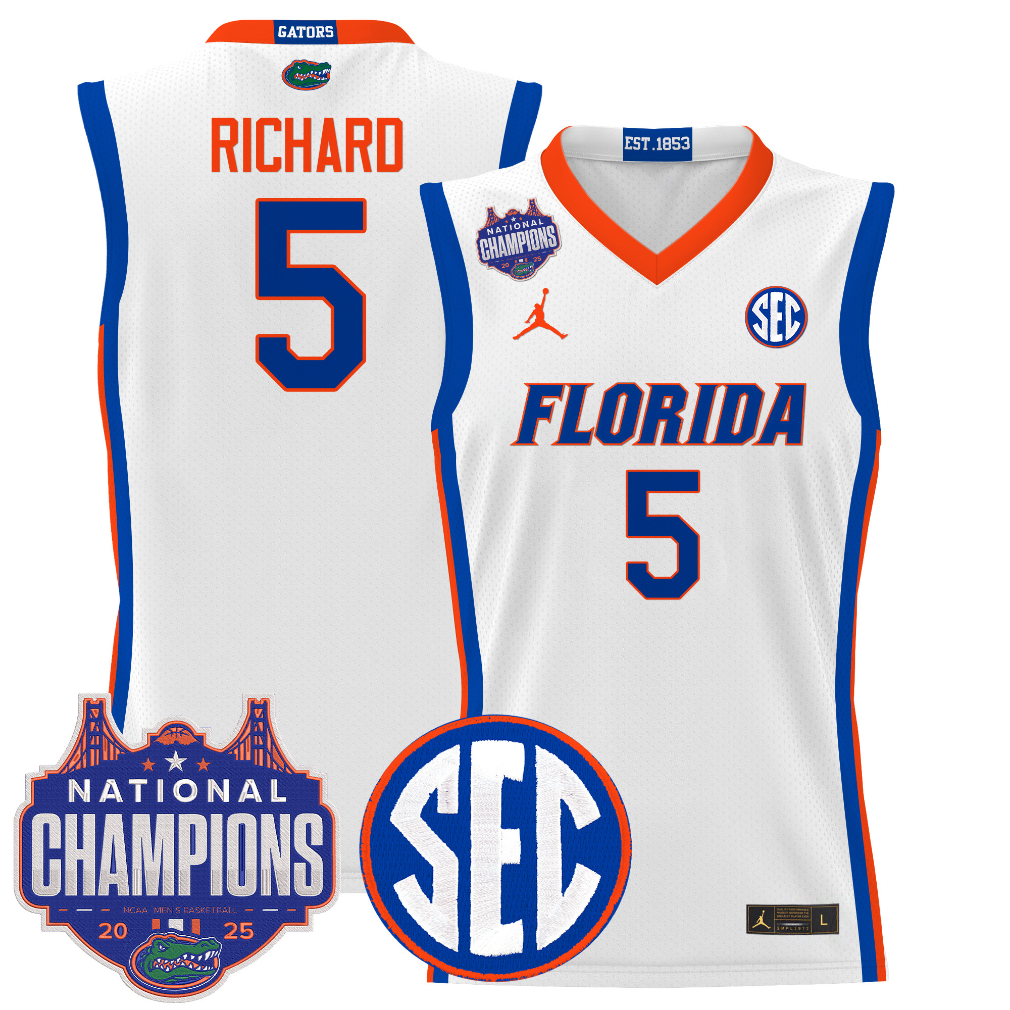 Will Richard Men's Florida Gators 2025 National Champions Patch Basketball White Jersey - All Stitched