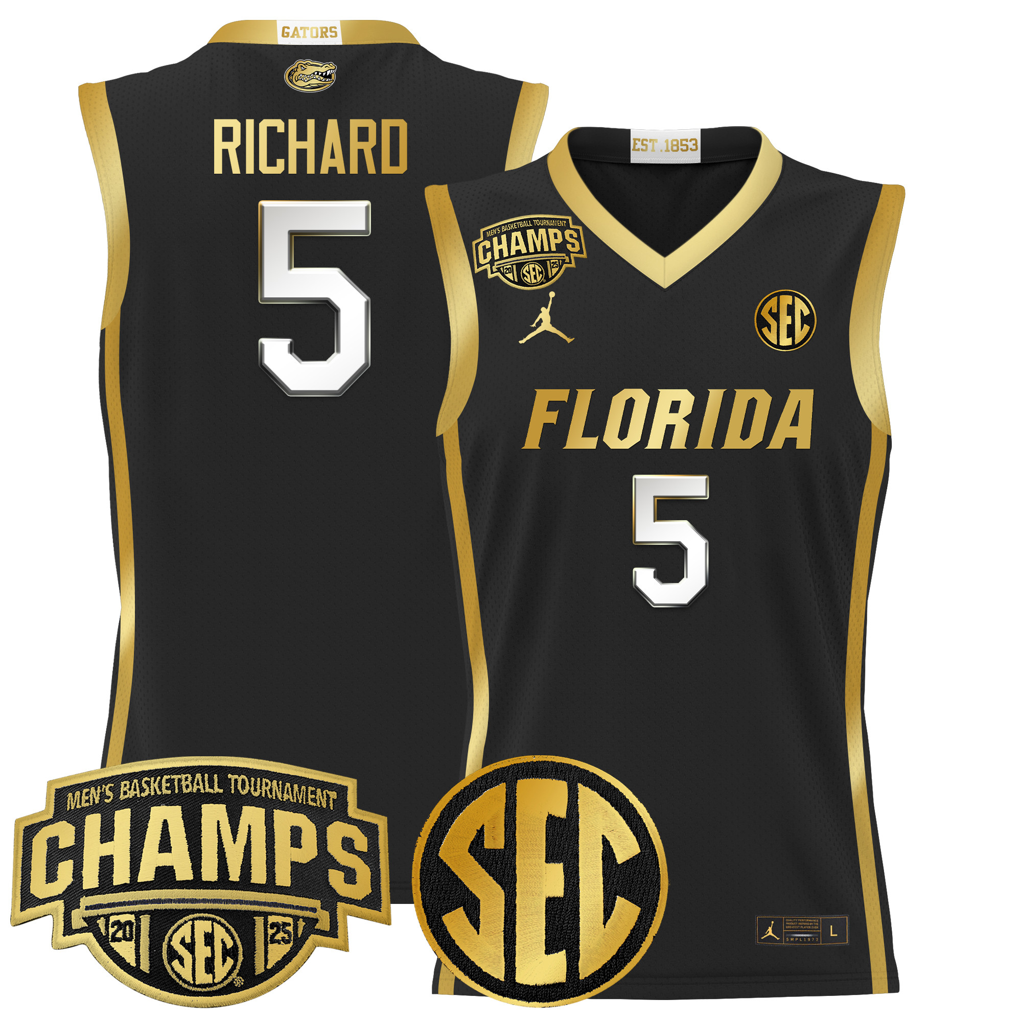 Will Richard Men's Florida Gators 2025 SEC Conference Tournament Champions Basketball Black Gold Jersey - All Stitched
