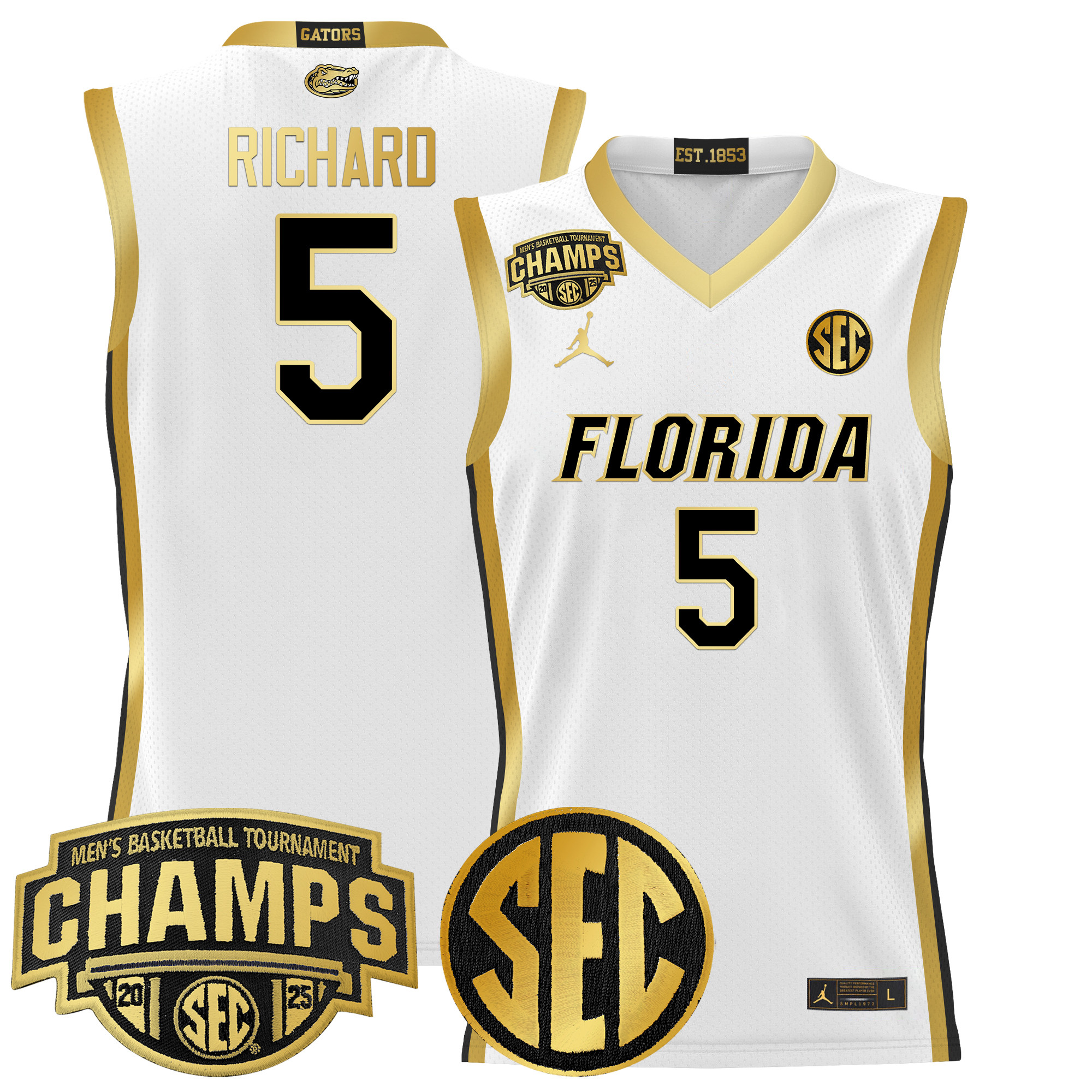 Will Richard Men's Florida Gators 2025 SEC Conference Tournament Champions Basketball White Gold Jersey - All Stitched