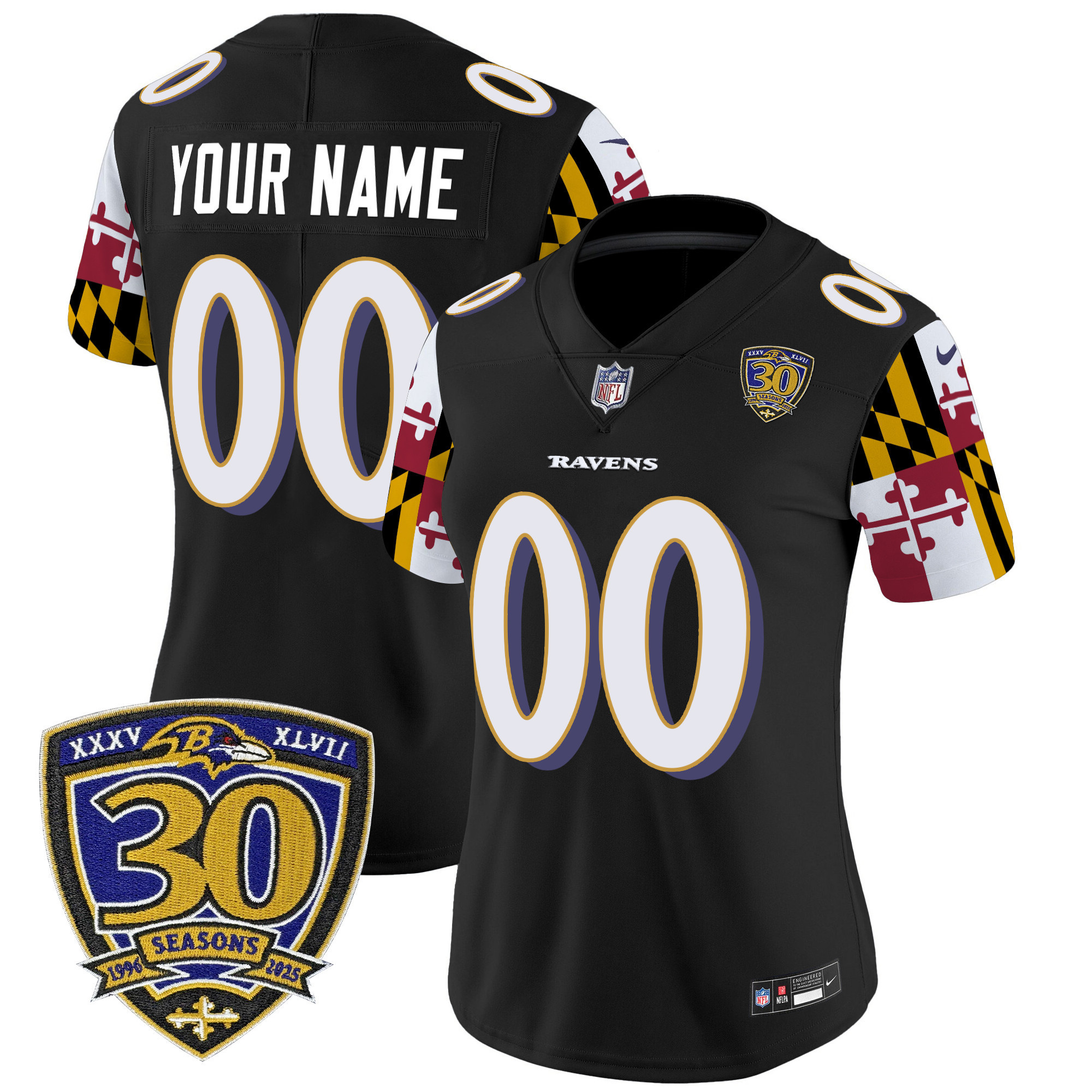 Women's Baltimore Ravens Maryland Flag Edition Vapor Limited Custom Black Jersey - 30th Anniversary Patch - All Stitched