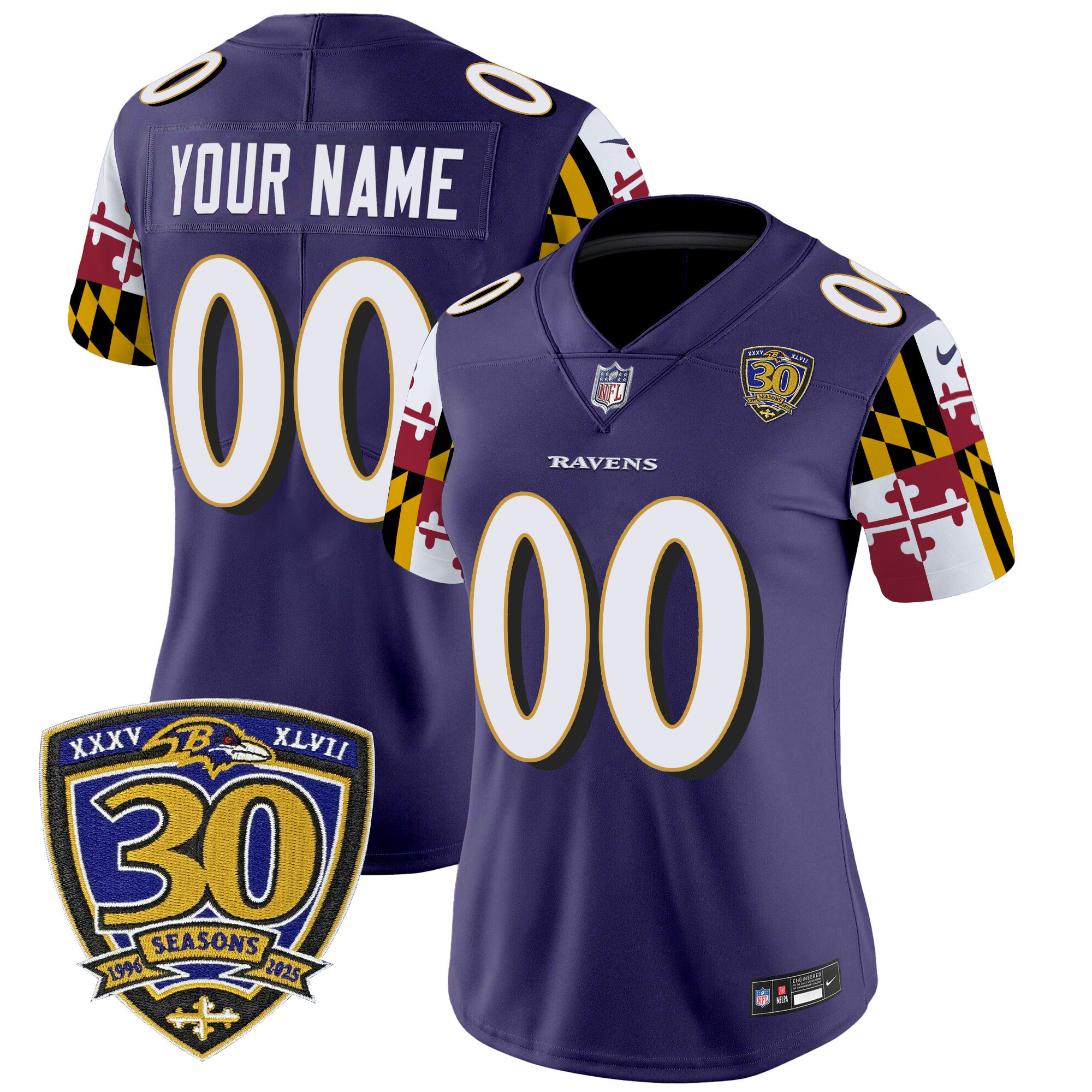 Women's Baltimore Ravens Maryland Flag Edition Vapor Limited Custom Purple Jersey - 30th Anniversary Patch - All Stitched