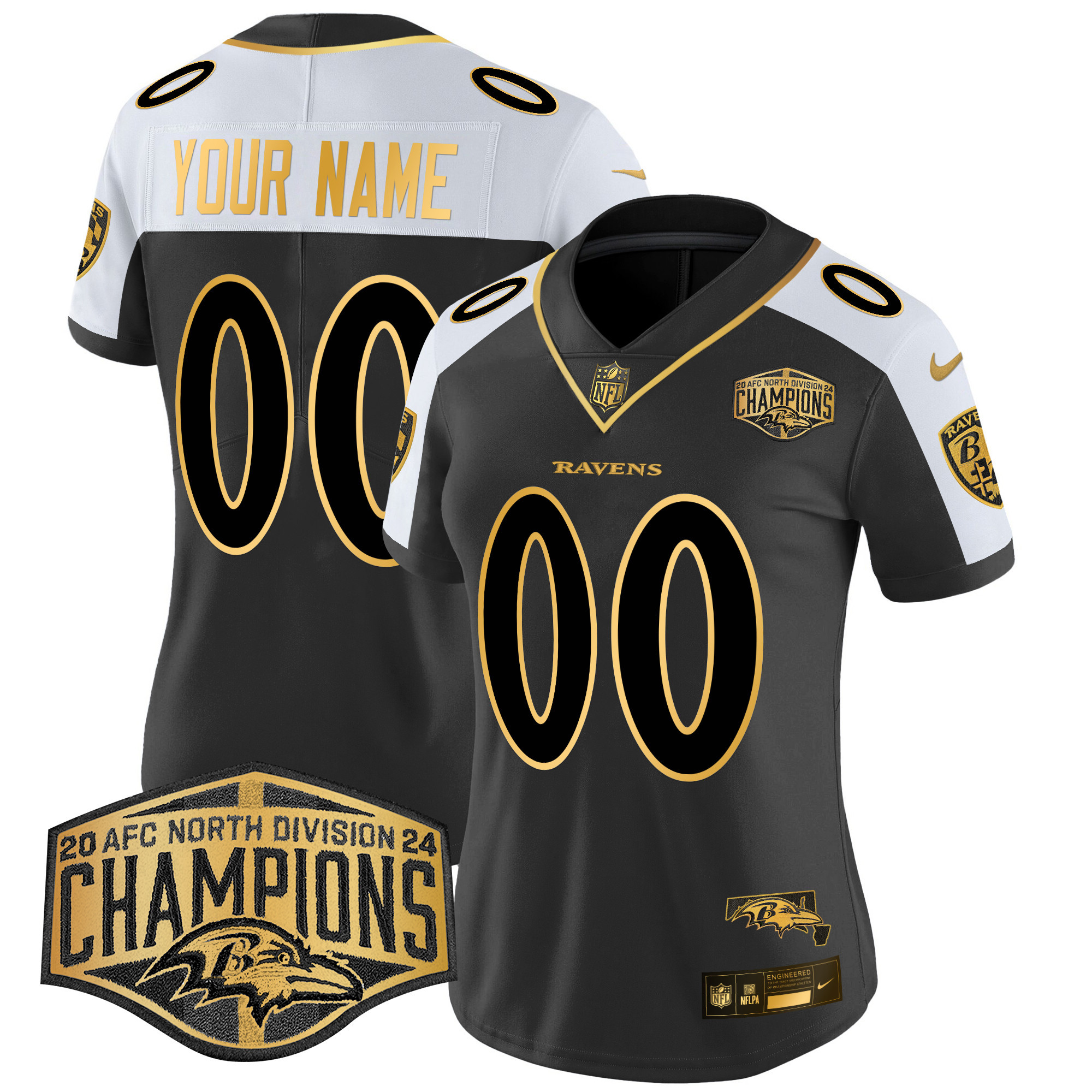Women's Baltimore Ravens Maryland Flag Map 2024 AFC North Division Champions Patch Gold Vapor Limited Custom Alternate Jersey - All Stitched