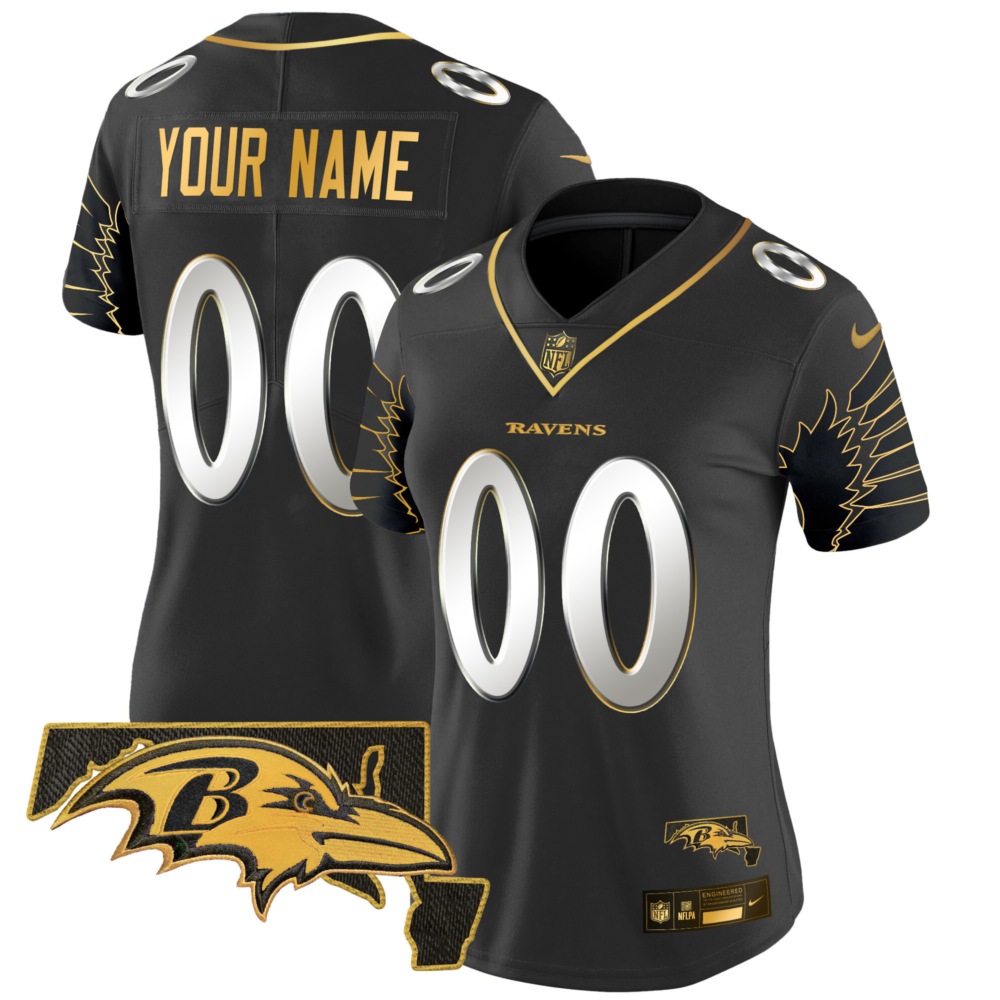 Women's Baltimore Ravens Maryland Patch Gold Vapor Limited Custom Black Limited Jersey V2 - All Stitched